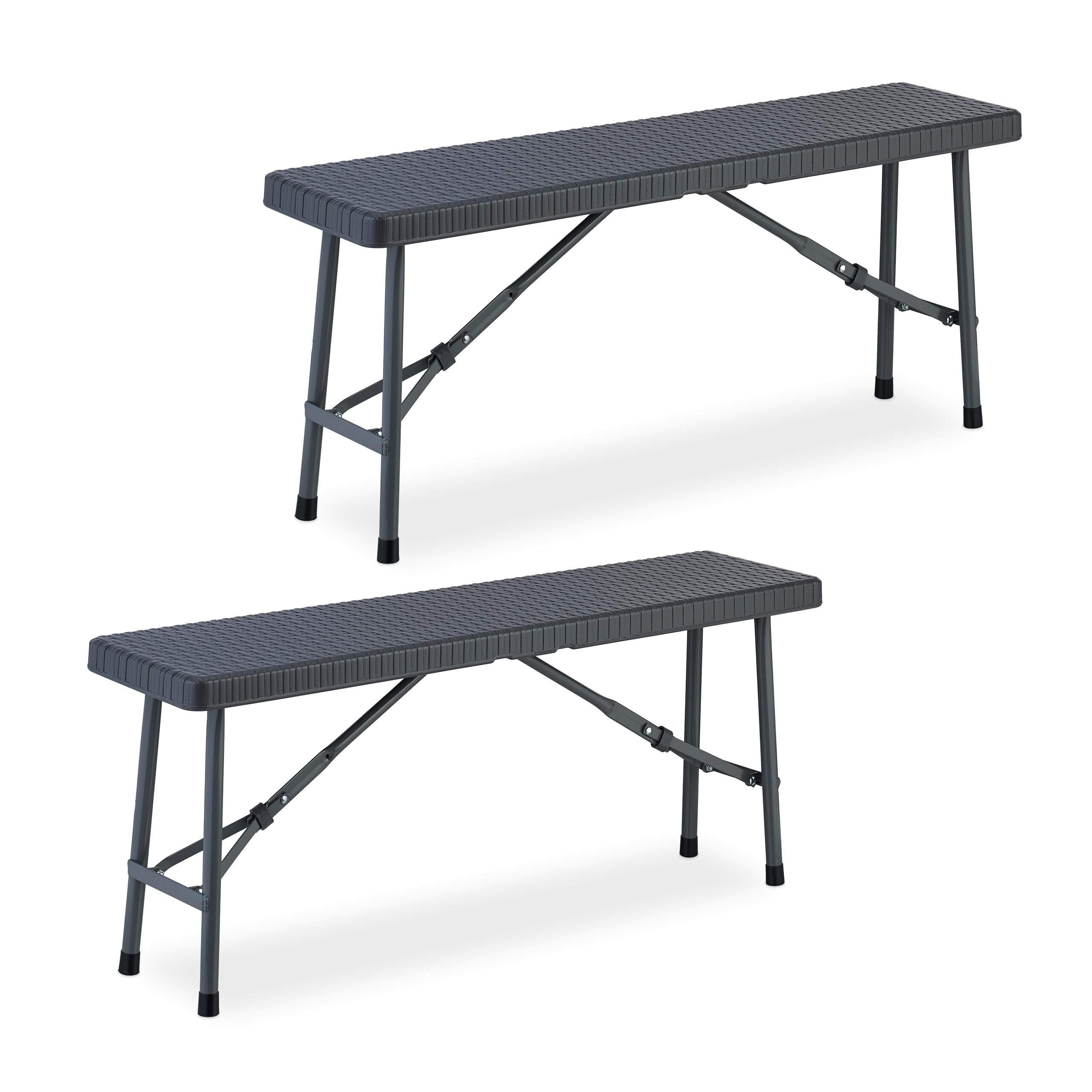 Relaxdays Banc Pliable, Lot de 2, pour Jardin, terrasse et Camping, HLP : 42x102x25 cm, Aspect rotin, Plastique, Gris