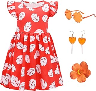 SHELOVESIT Girls Red Princess Leaf Lilo Dress for Girls, Hawaiian Costume Birthday Outfit Kid Summer Party Wear(110cm/3T-4T)