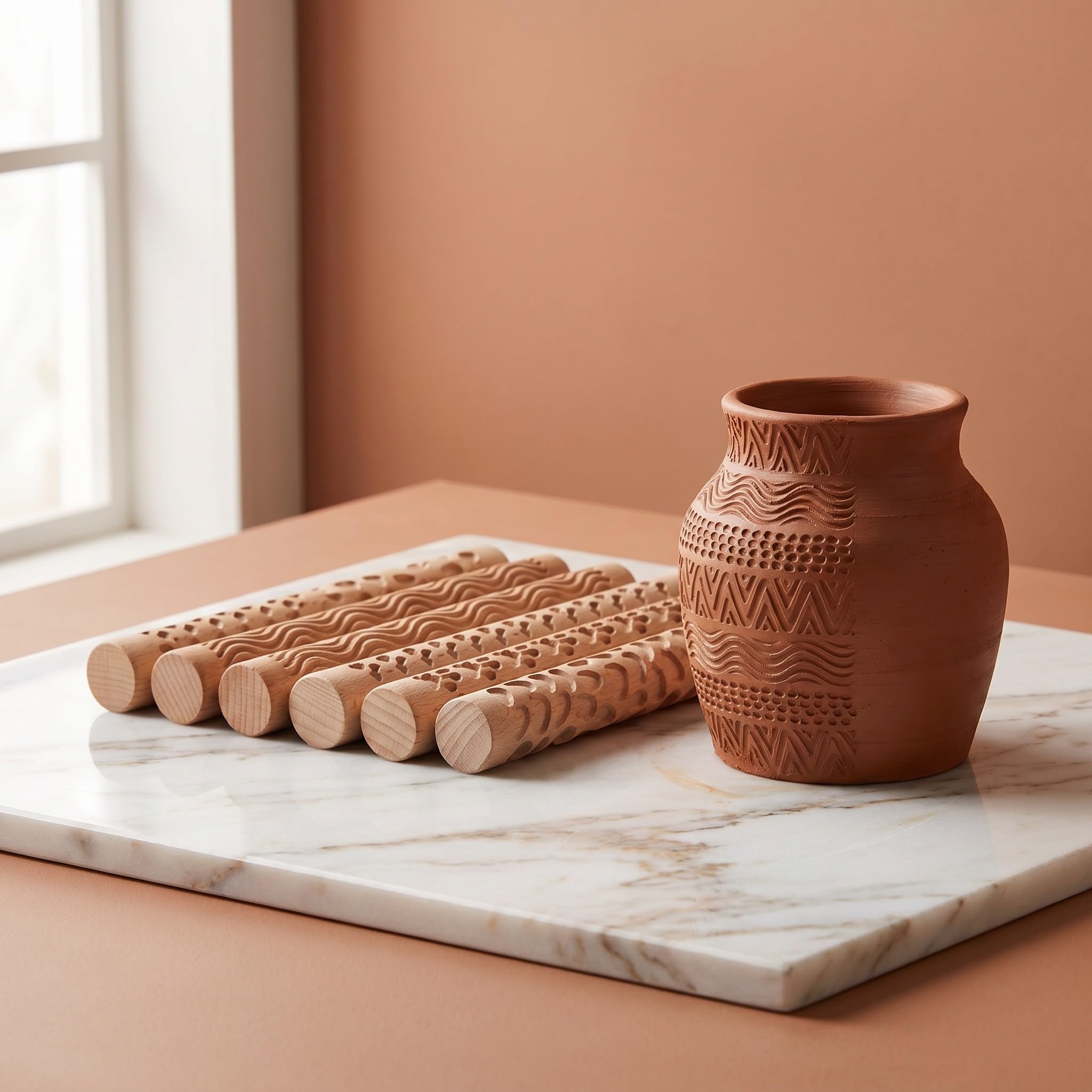 Kichvoe Set 10 Pezzi Mattarelli in Legno Manico per Argilla e Pasta Polimerica, Incisioni Naturali e Design a Bordo per Sessioni di Arte Familiare e Formazione Adulti