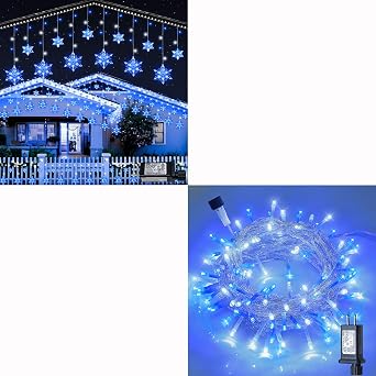 8.2 FT 144 LED Christmas Snowflake Lights Outdoor & Hopolon 33 FT 100 Led Christmas Lights OutdoorBlue and White