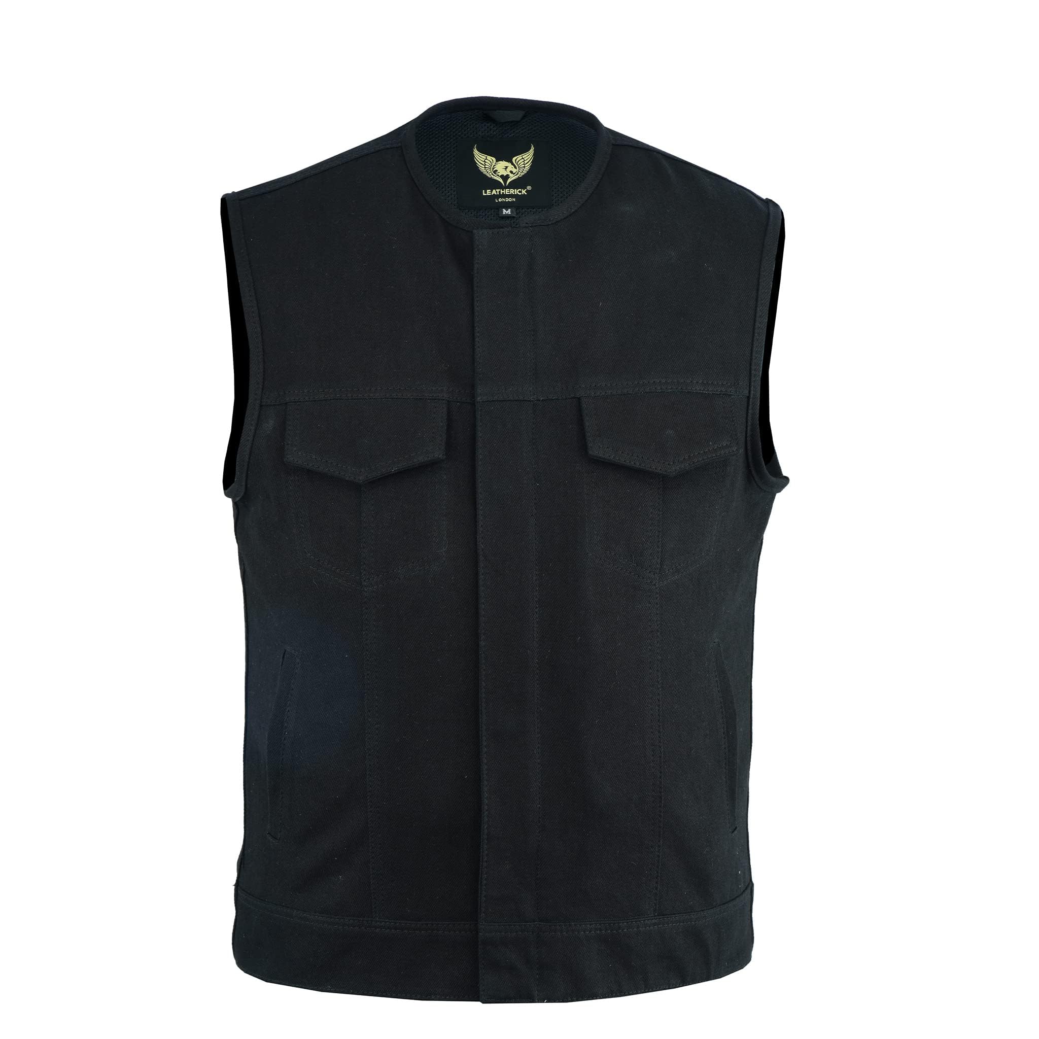 Leatherick SOA stile, Gilet da motociclista senza colletto in denim pesante con finiture in pelle da uomo con tasche profonde
