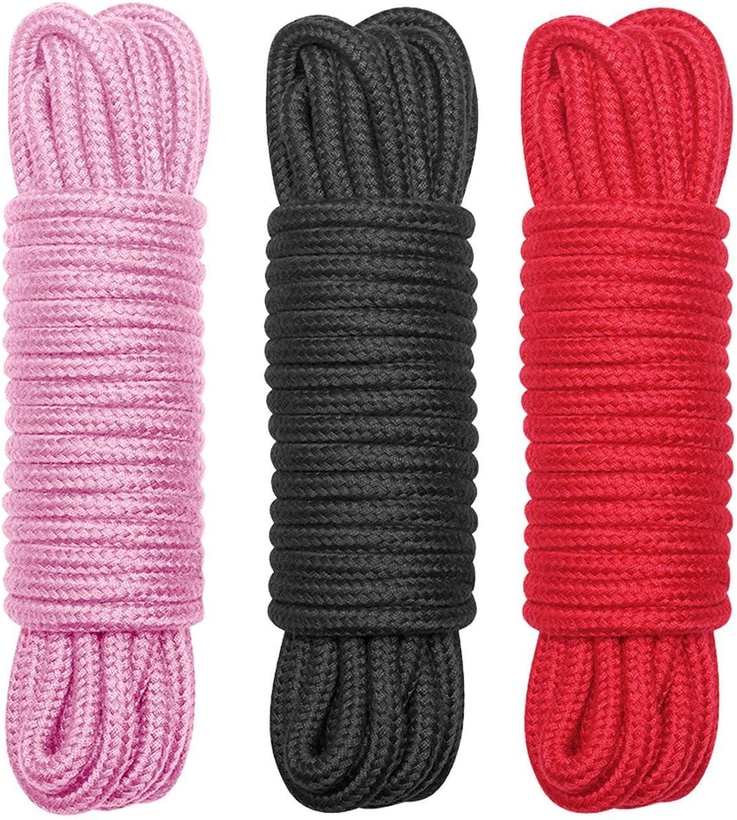 BONTIME All-Purpose Soft Cotton Rope - 32 Feet Length,1/3-Inch Diameter(Black,Red,Pink,Pack of 3)
