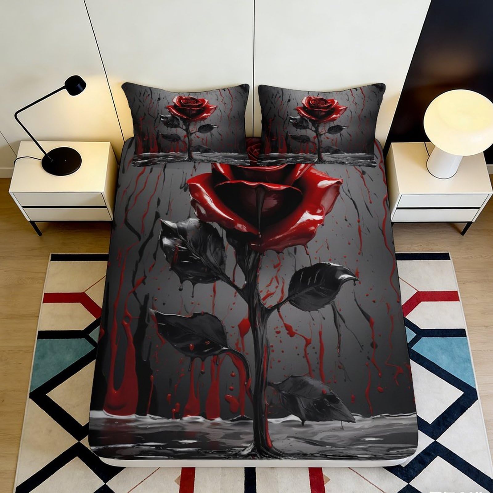 Rqzkjxnhpf Style-1 3D Printed Gothic Rose Fitted Sheet Microfiber Deep Pocket Non-Slip Rose Mattress Fitted Cover Washable Bedding For Bedroom 200X200x25cm 90X200x25cm