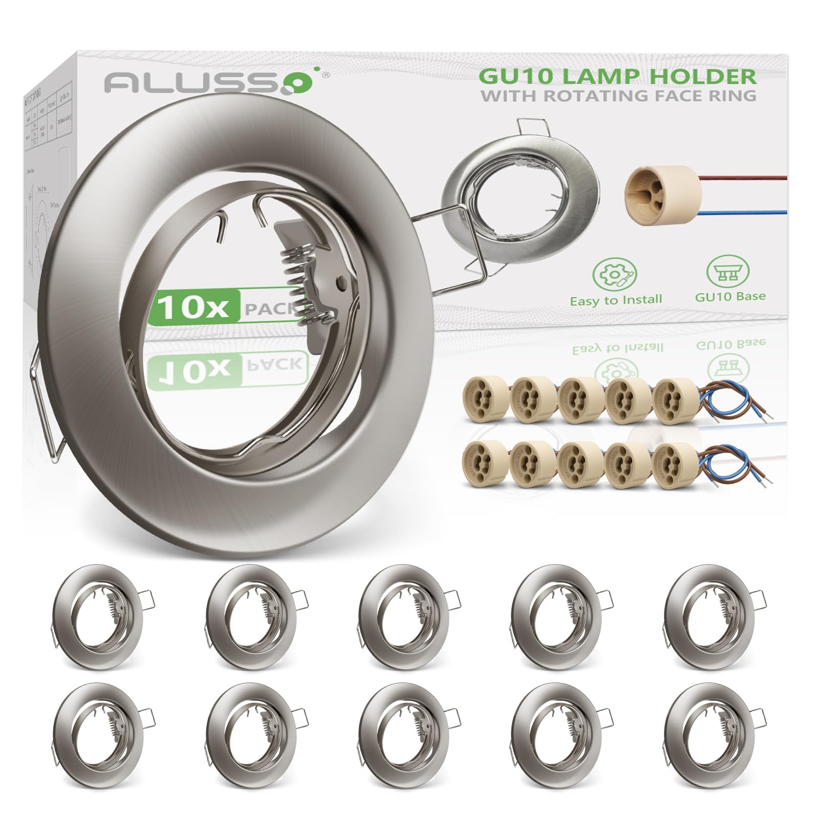 ALUSSO 10er Set Metall Einbaustrahler GU10 Rahmen 68mm, LED Spots 230V inkl. GU10 Fassung, Deckenspots 30° Schwenkbar Einbauspots Rund Einbaurahmen für LED oder Halogen Leuchtmittel, Nickel gebürstet