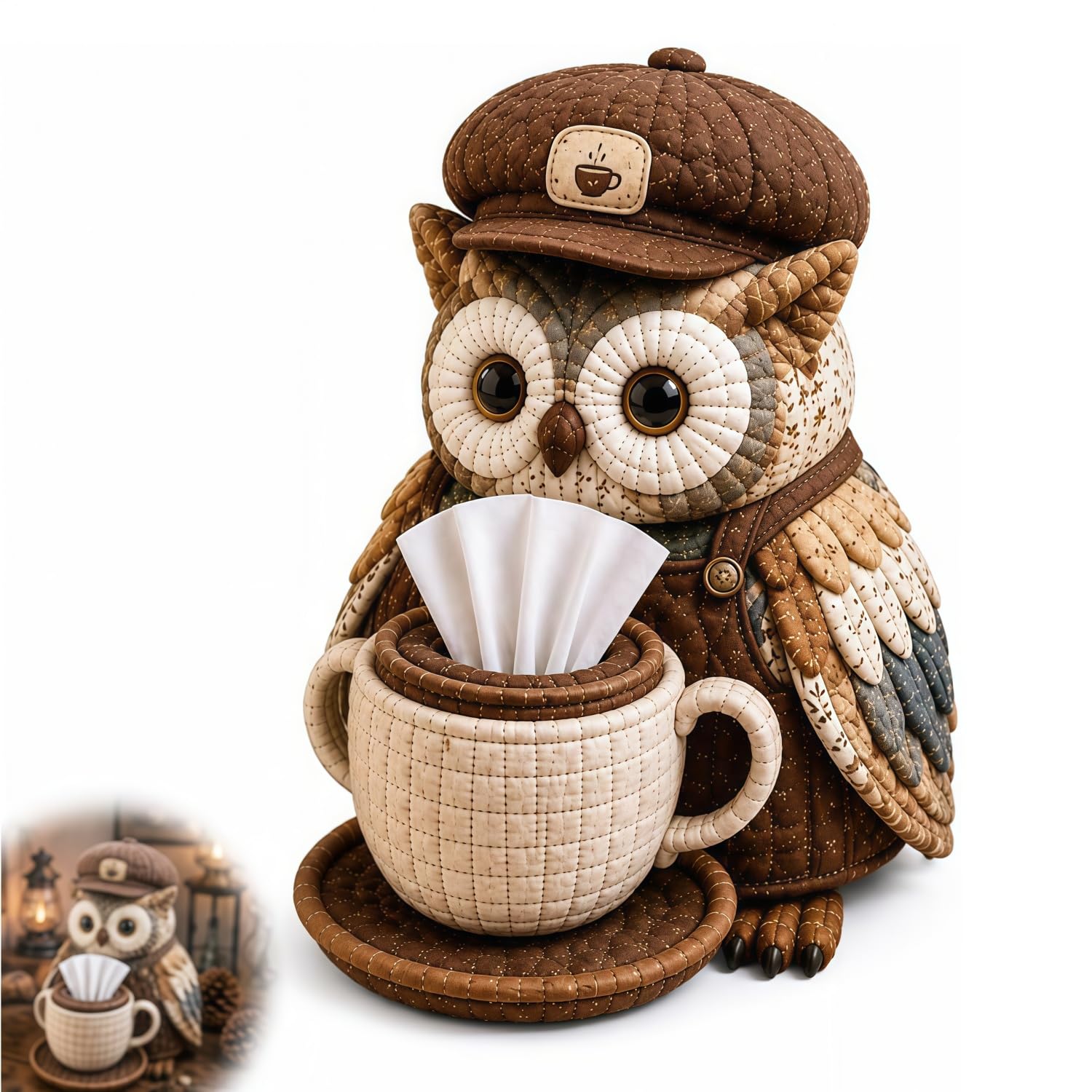 APOMNG Wise Owl Quilted Tissue Box DIY Sewing Kit Cute Patchwork Fabric Holder Cover Handmade Craft for Adults Creative Home Decor Gift,XL