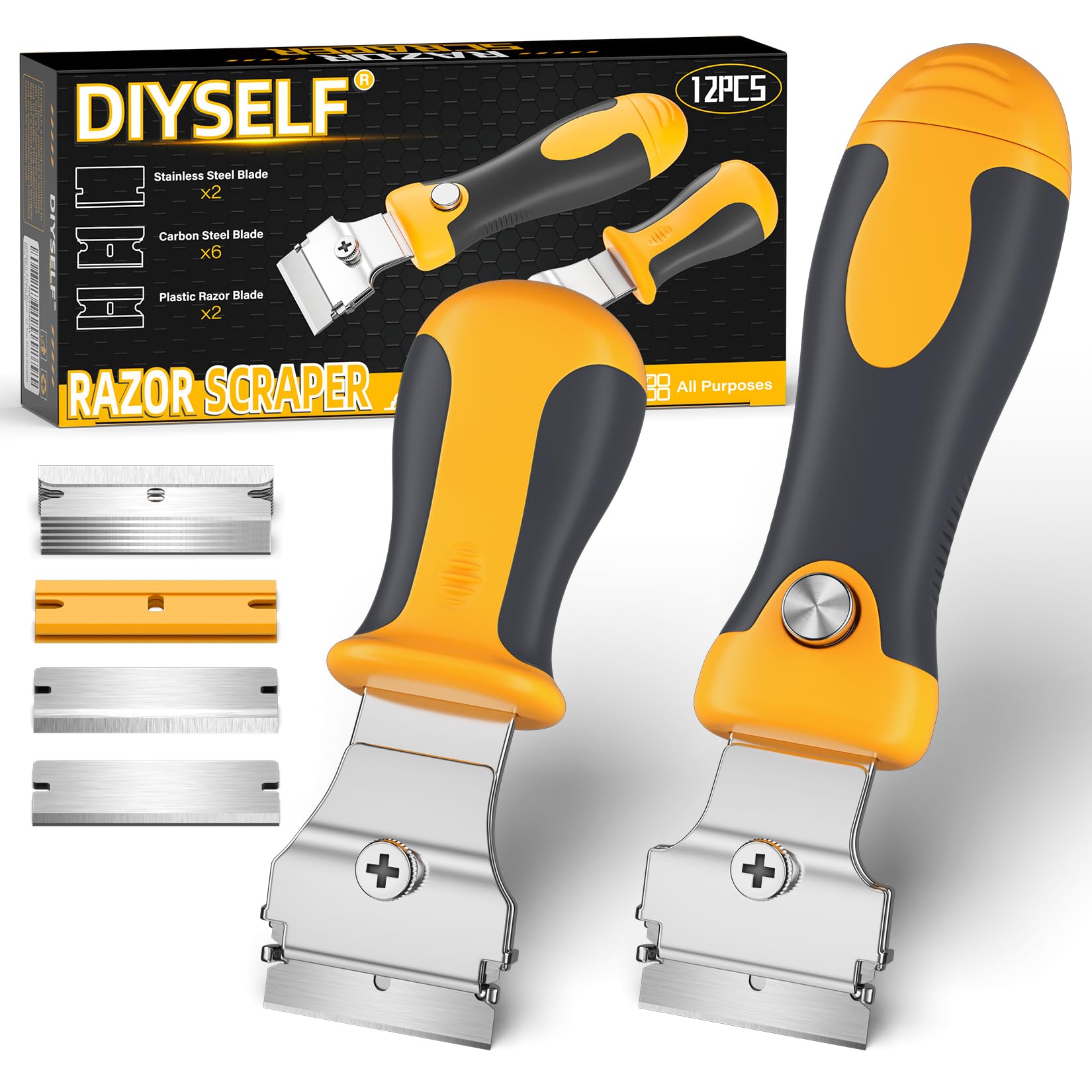 DIYSELFRazor Blade Scraper 12Pack Glass Scraper Oven Scraper for Cleaning Razor Scraper for Floors Glass Stove Top Scraper Window Scraper Includes Extendable Handle and 10 Extra Blades