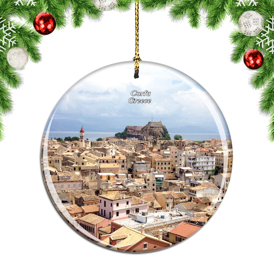 Weekino Greece Corfu Christmas Xmas Tree Ornament Decoration Hanging Pendant Decor City Travel Souvenir Collection Double Sided Porcelain 2.85 Inch