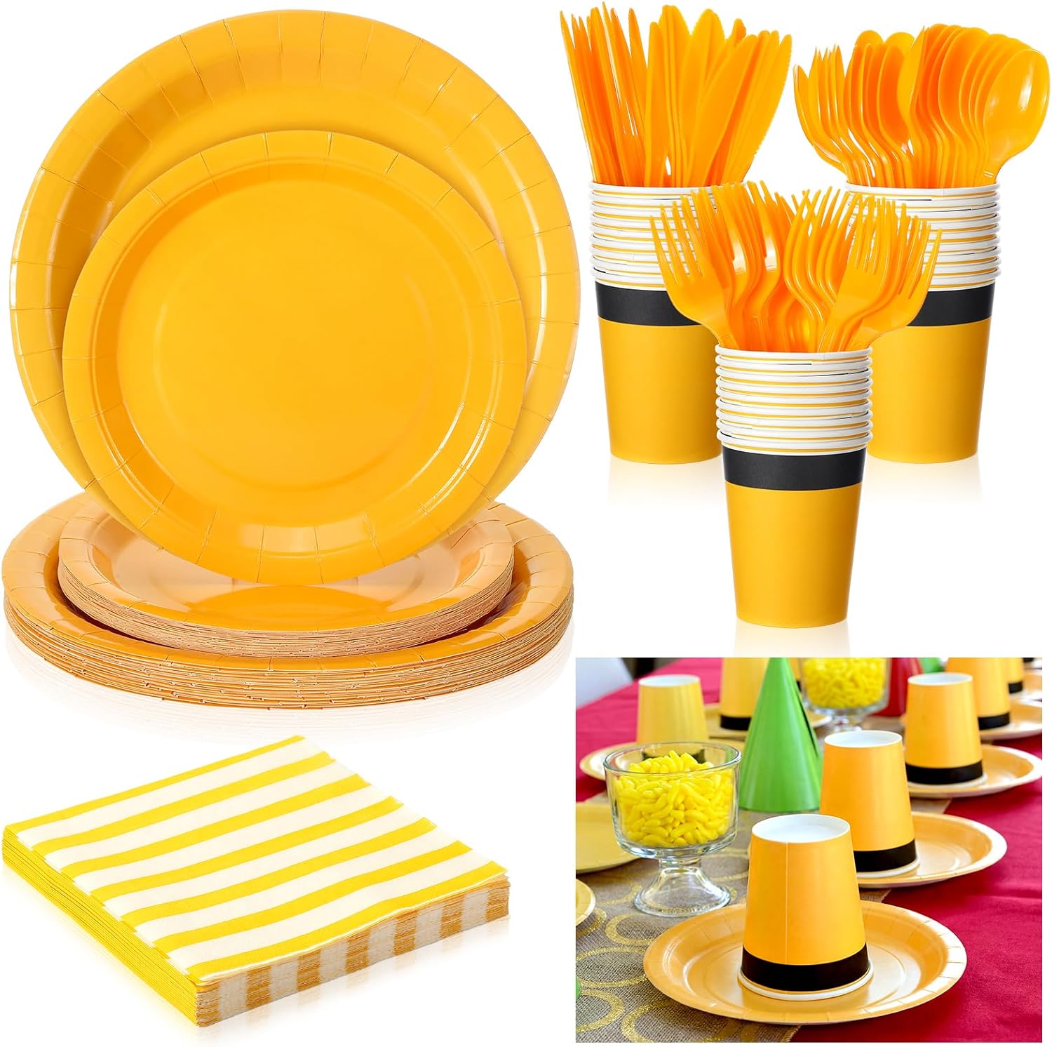 168 Pcs Yellow Hat Theme Birthday Party Supplies for 24 Guest Include Paper Plates Napkins Cups Knives Fork Spoon Disposable Monkey Theme Party Tableware Set for Birthday Baby Shower Wedding