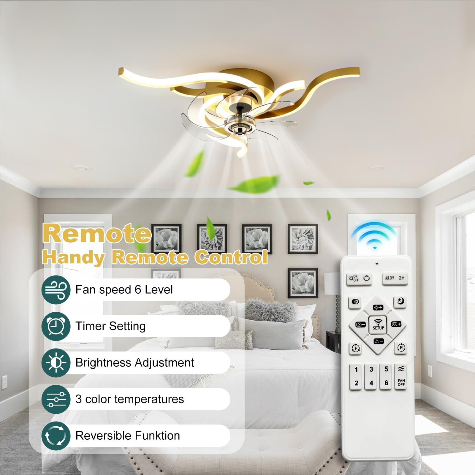 60 cm LED Deckenleuchte mit Ventilator spiralförmig Moderne Dimmbare Deckenventilatoren 6-Speed Lampe mit Ventilator Mit Fernbedienung App Timer Leiser für Schlafzimmer Esszimmer Büro (Gold)