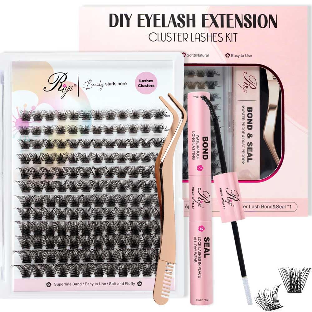 Riya Lash Clusters 144Pcs with Strong Hold Bond Seal Lash Glue and Eyelash Extenisons Kit, and Applicator Clusters Lashes Kit 8-16MM D Curl Individual Lashes DIY at Home?01?