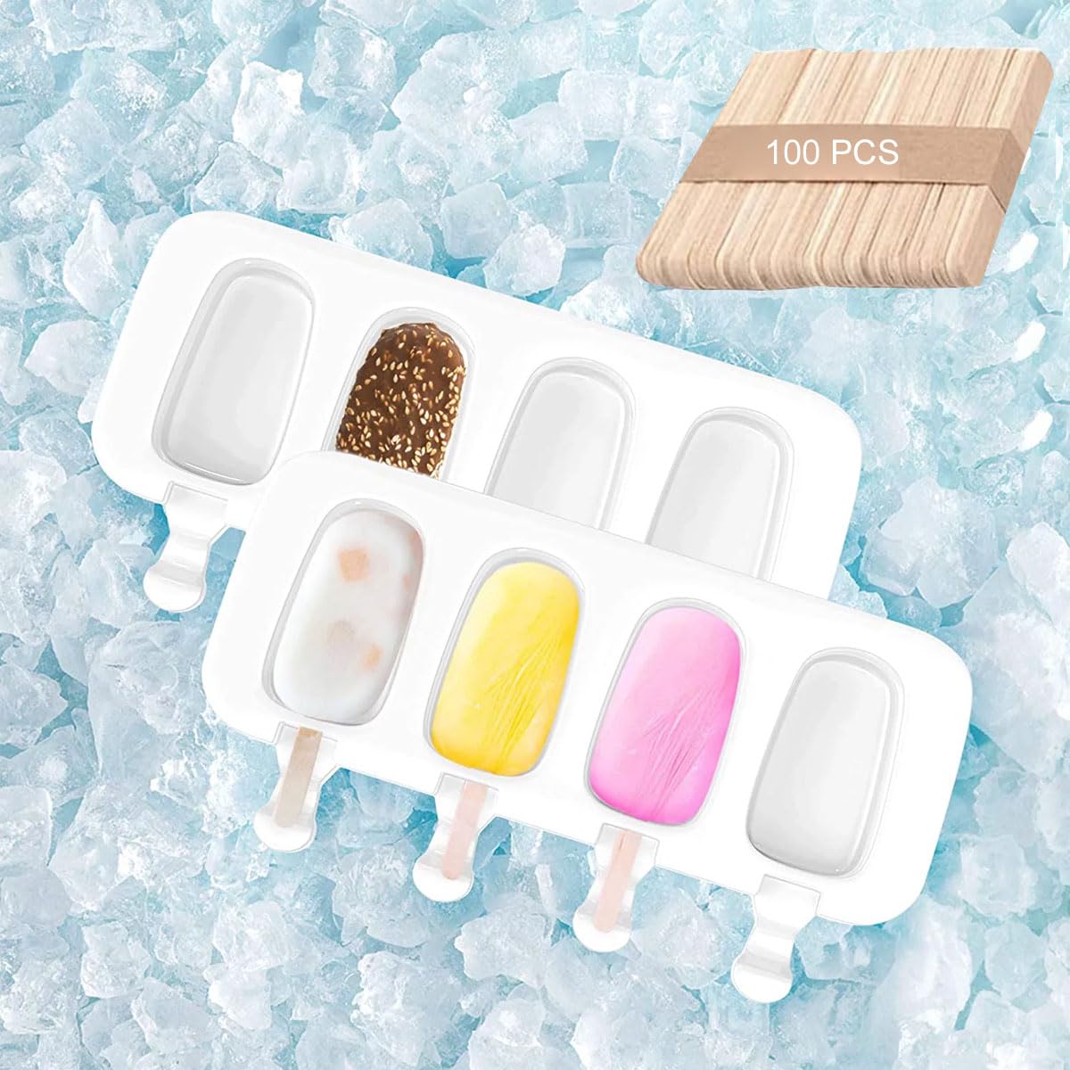 Moldes de Helado,8 Pack Juego de Moldes para Polos, 2 Unidades Molde de Silicona para Helados de Chocolate, con 4 Cavidades y 100 Palos de Madera, sin BPA Helado DIY