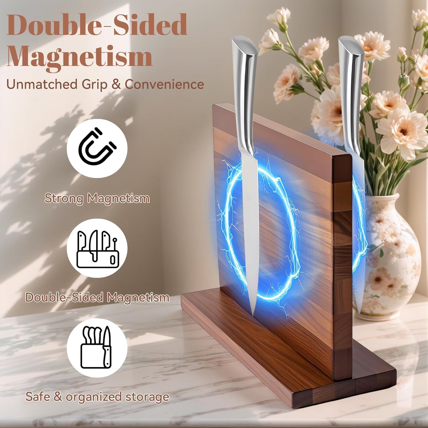 Qoosea Magnetic Knife Block without Knife: Knife Holder with Double-Sided Strong Magnetic, Acacia Wood Material, Universal Holder for Kitchen Cooking Outdoor Picnic Cutlery Storage 12 x 8.5 Inches
