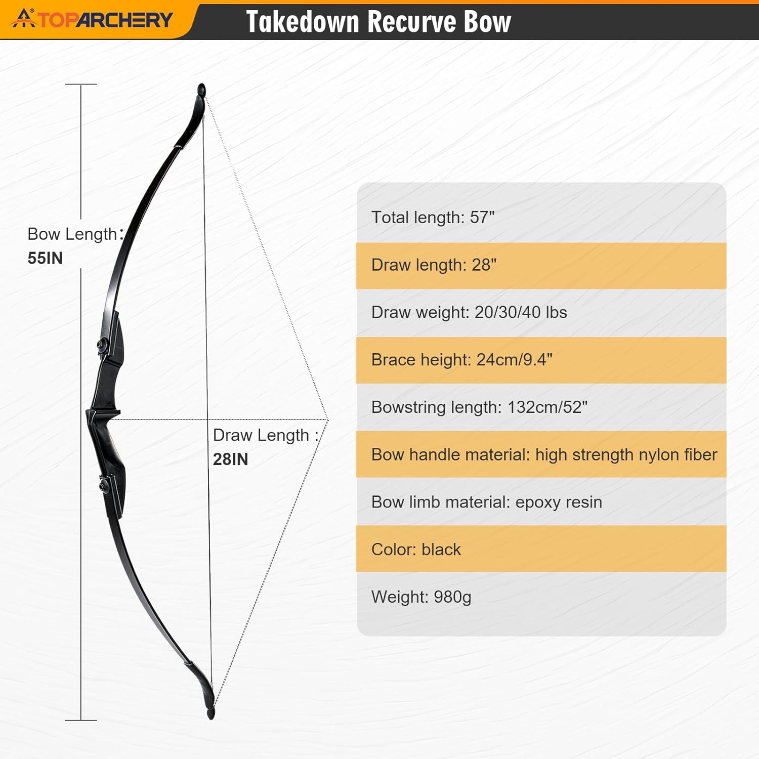 TOPARCHERY Archery 57" Takedown Youth Recurve Bow Hunting Black Long Bow for Beginner Teenagers Right Left Hand Black - Draw Weight 20lbs 30lbs 40lbs