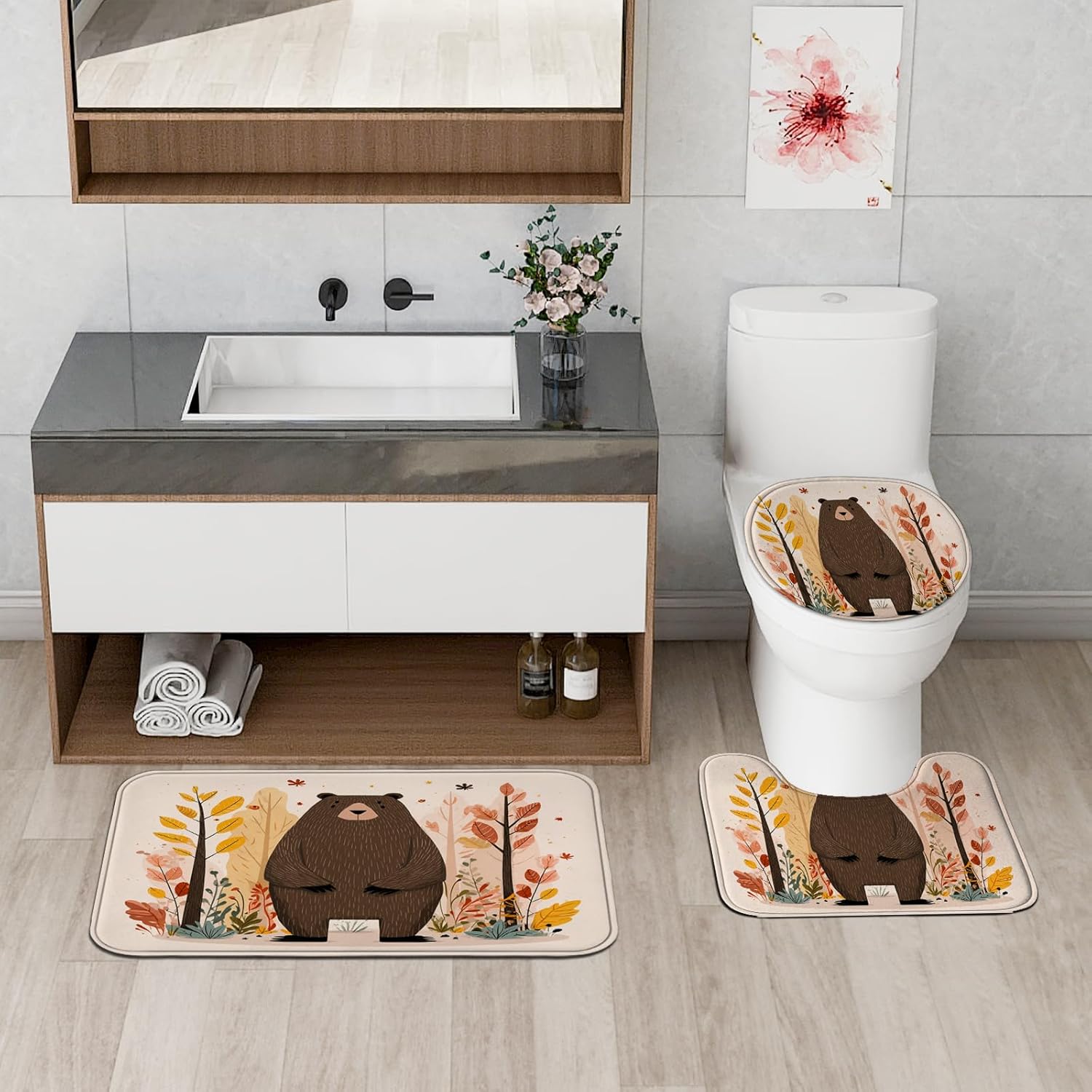 4PCS Fall Cartoon Bear Kid Bathroom Sets, Bath Accessory with Non-Slip Rug, U Shape and Toilet Lid Cover Mat, Autumn Woodland Forest Bathroom Decor-72''x72''