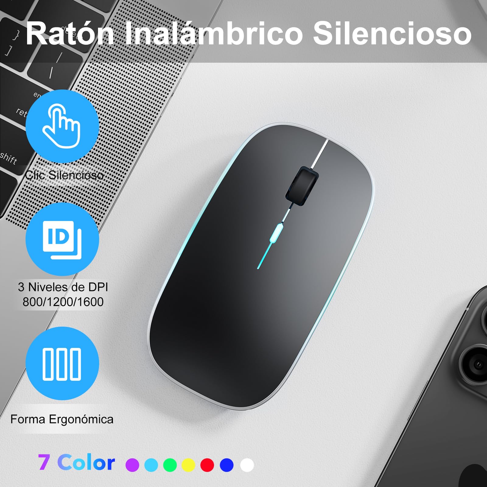 TECURS Set Tastiera e Mouse Wireless Bluetooth, Tastiera e Mouse Portatile Sottile Silenziosa Ricaricabile Retroilluminata per iPad Tablet/PC/iOS/Android/Windows (ES Layout - QWERTY)