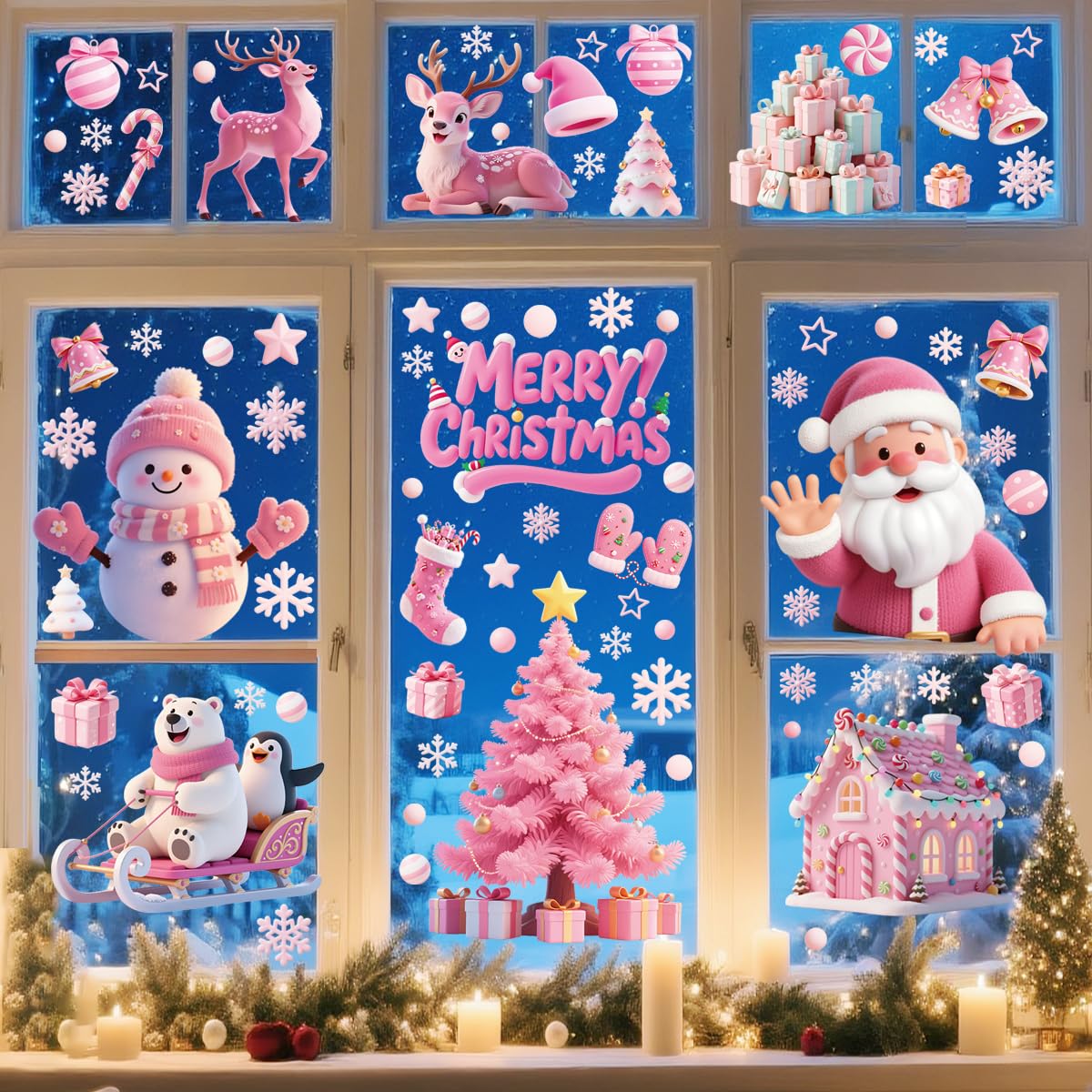 AHANDMAKER - 12 Feuilles D'Autocollants De Transfert Rose Thème Noël - Père Noël, Bonhomme De Neige - Déco Vitre, Meuble, DIY - 14x14cm