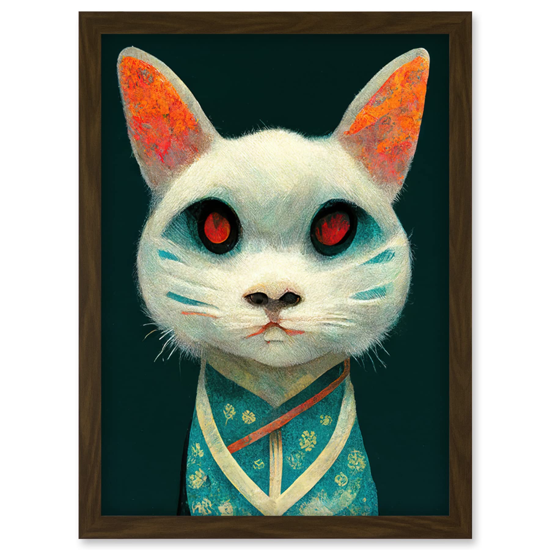 Nihonga Kimono Cat Framed Wall Art Print - Japan Illustration Artwork - A4
