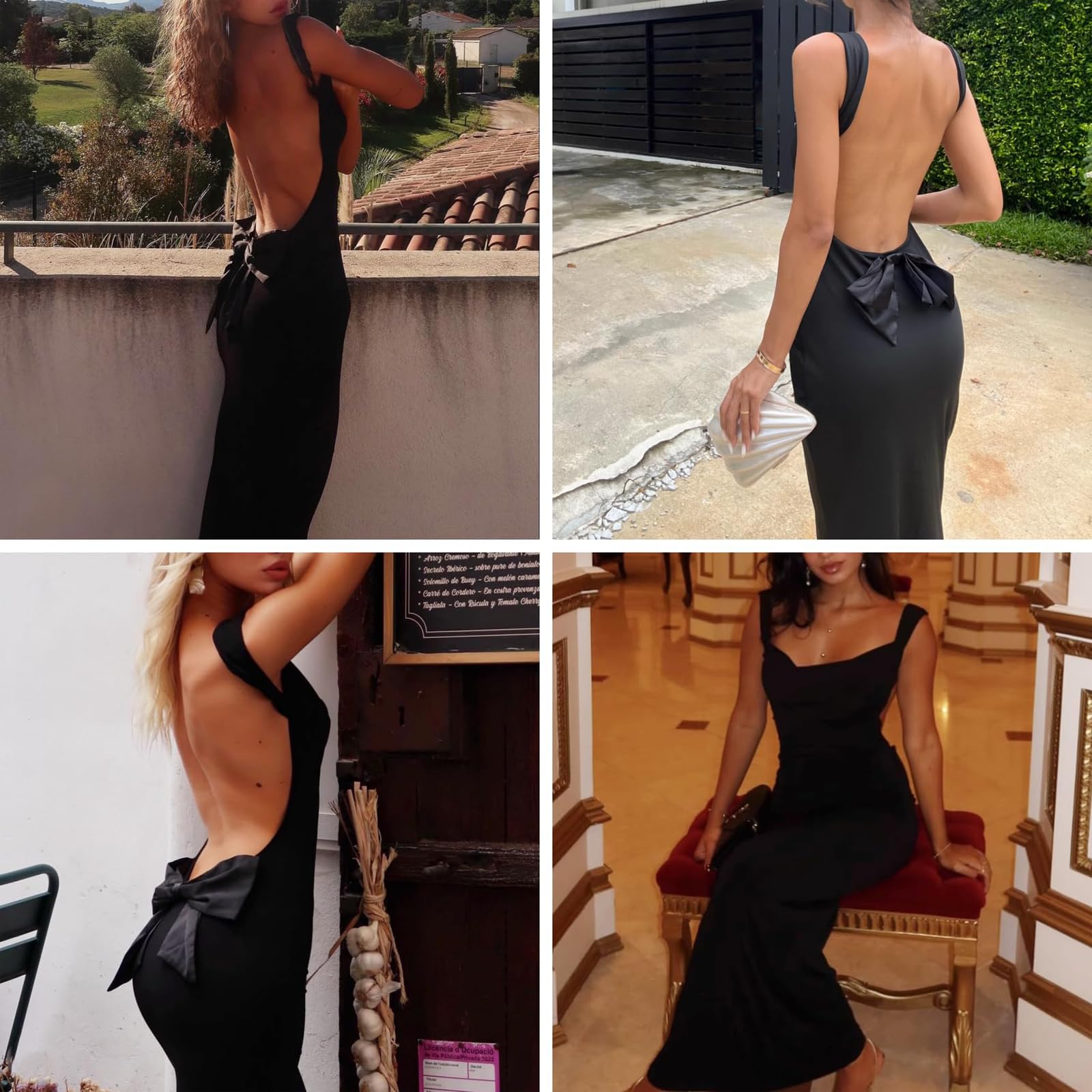 Vestito Lungo Donna Sexy Maxi Abito Senza Schienale Aderente Vestito da Cerimonia Senza Maniche con Fiocco Vestiti Estate Tinta Unita Bodycon Abito da Sera per Party Cocktail Festa Discoteca