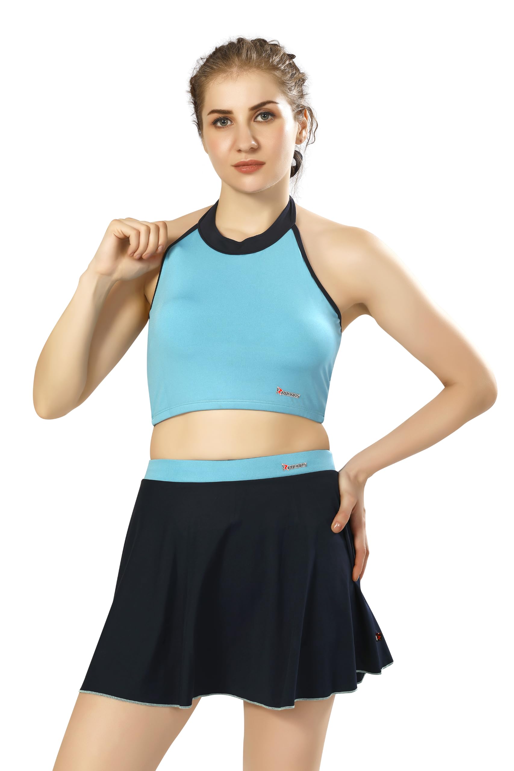 rovars Women's Solid Padded Halter Neck Top with Skirt Swim Set-picture-9