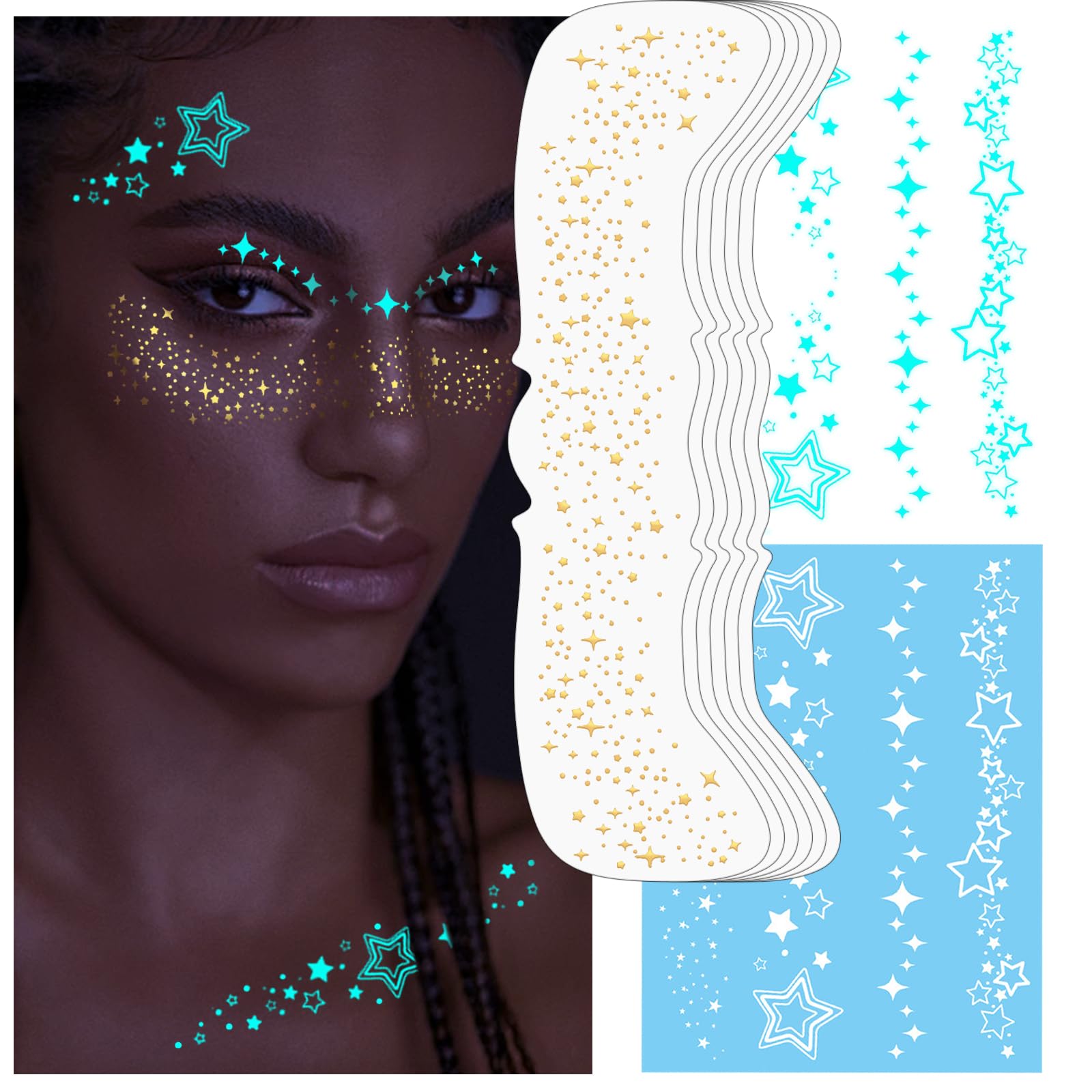 Noerrors Glow in Dark Glitter Freckles Star Gold Freckle Makeup Patches Set Nightglow Sparkle Face Glitter Shimmer Cute Faux Speckles Tattoo Sticker for Singer Music Festival Christmas Party Blue