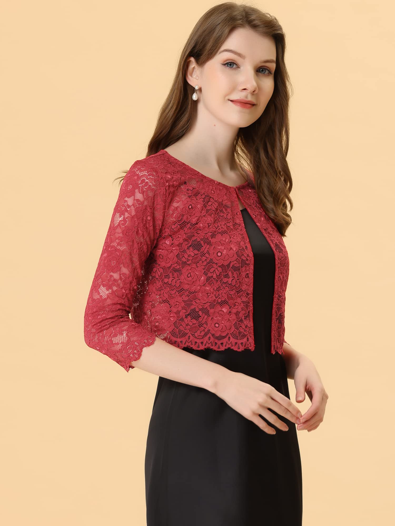 Allegra K Boléro court élégant en dentelle florale pour femme, Rouge, Taille XL
