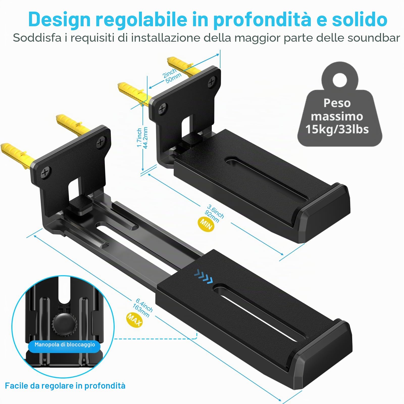 ZUOLACO Supporto da parete per soundbar Samsung, Bose, Vizio, LG, Sony, JBL, Sonos e altri supporti per soundbar, supporta fino a 15 kg, profondità regolabile da 9,1 a 16,3 cm, ripiano per soundbar,