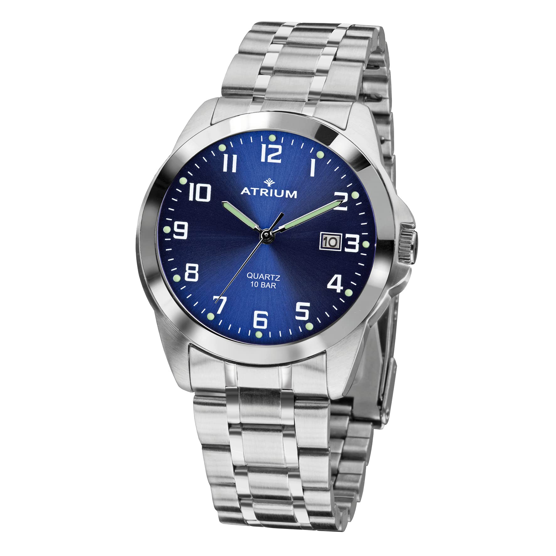 Atrium Herren-Armbanduhr Edelstahl Analog Quarz 10 bar mit Datum, Leuchtzeiger, sehr deutliches Zifferblatt Dunkelblau und Stahlband silberfarben A16-35