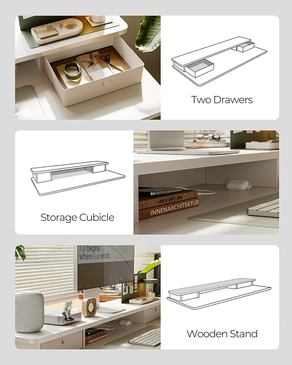 FEZIBO Electric Standing Desk with Drawers,120x60cm, with Double Drawers and Monitor Stand, White