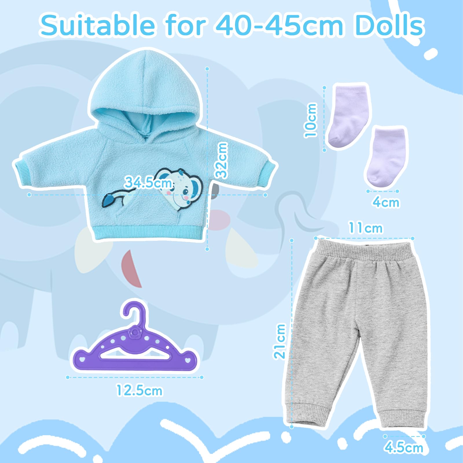 Xerteam 14-18 Inch Doll Clothes with Cute Elephant Pattern, 4 Pcs Baby Dolls Clothes for 35-43 cm Boy/Girl Doll - Image 2