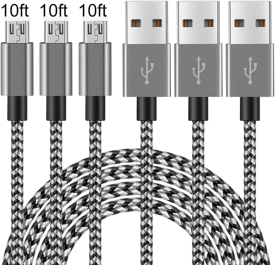 3Pack 10FT Long Premium Nylon Braided Micro USB Cable Android Windows Charger Cord USB2.0 Sync Fast Charging PowerLine for Samsung Galaxy S7 S6 Sony LG Smartphones Black Gray