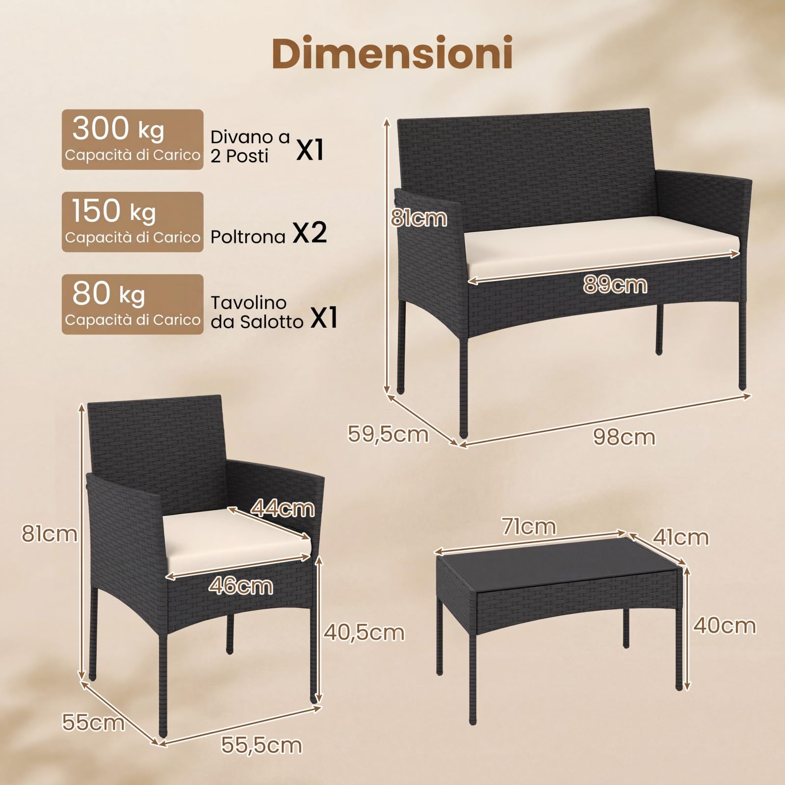 COSTWAY Set Salotto da Giardino 4 Pezzi, Divanetto da Esterno in Rattan PE con 2 Poltrone e Tavolino con Piano in Vetro Temperato, Cuscini Imbottiti e Telaio Metallo per Terrazzo e Balcone (Beige)