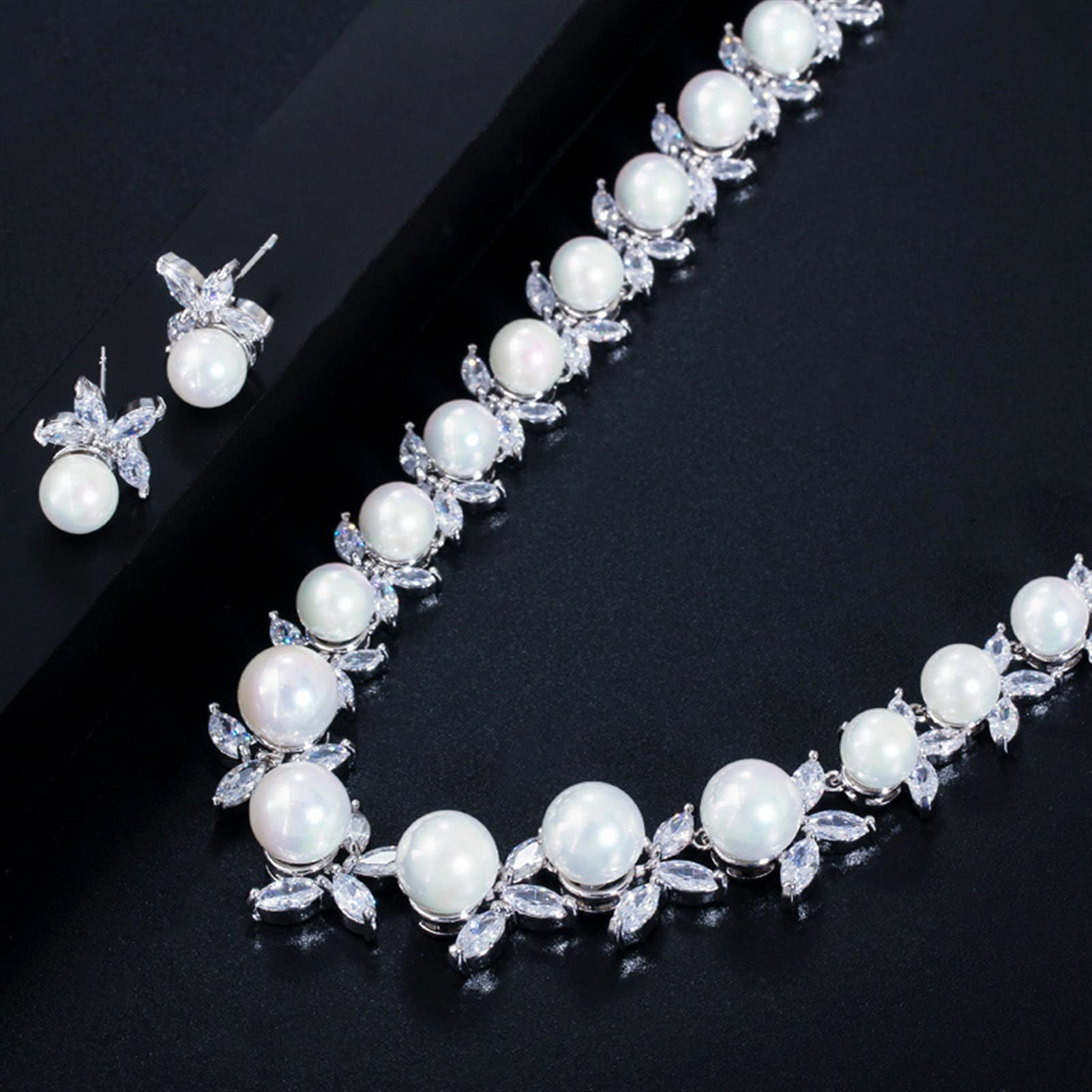 Joyería de circonia cúbica Brillante pavimentada, Perla Grande Redonda, Collar para Fiesta y Boda, Pendientes, Juegos de Joyas para Mujer