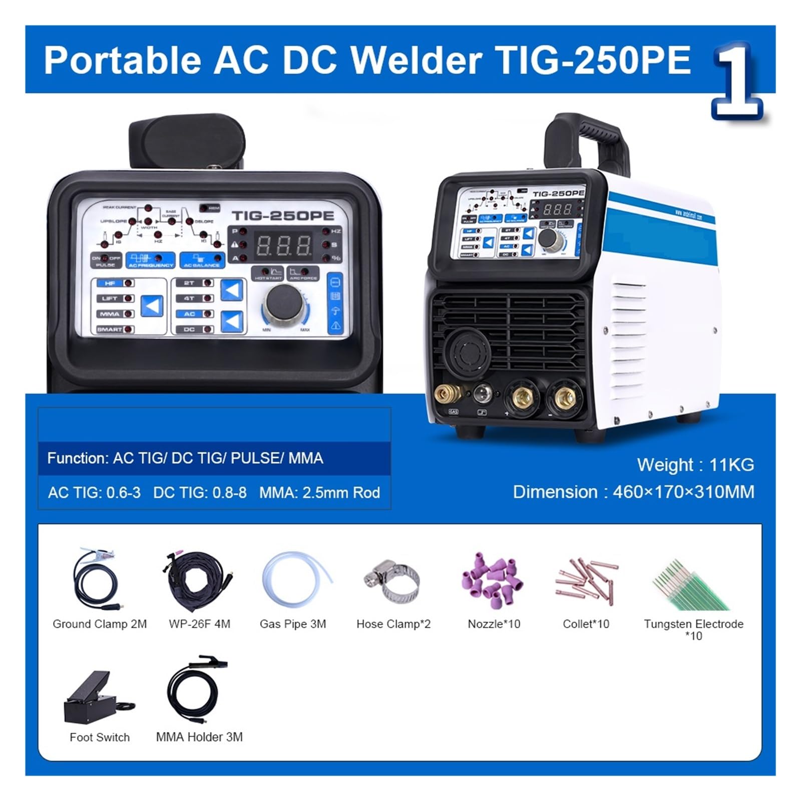Soldador TIG AC DC, máquina de soldadura TIG TIG-250PE, soldador de aluminio de pulso MMA, soldador de aluminio, soldadura por puntos, máquina de soldadura(Package 1)