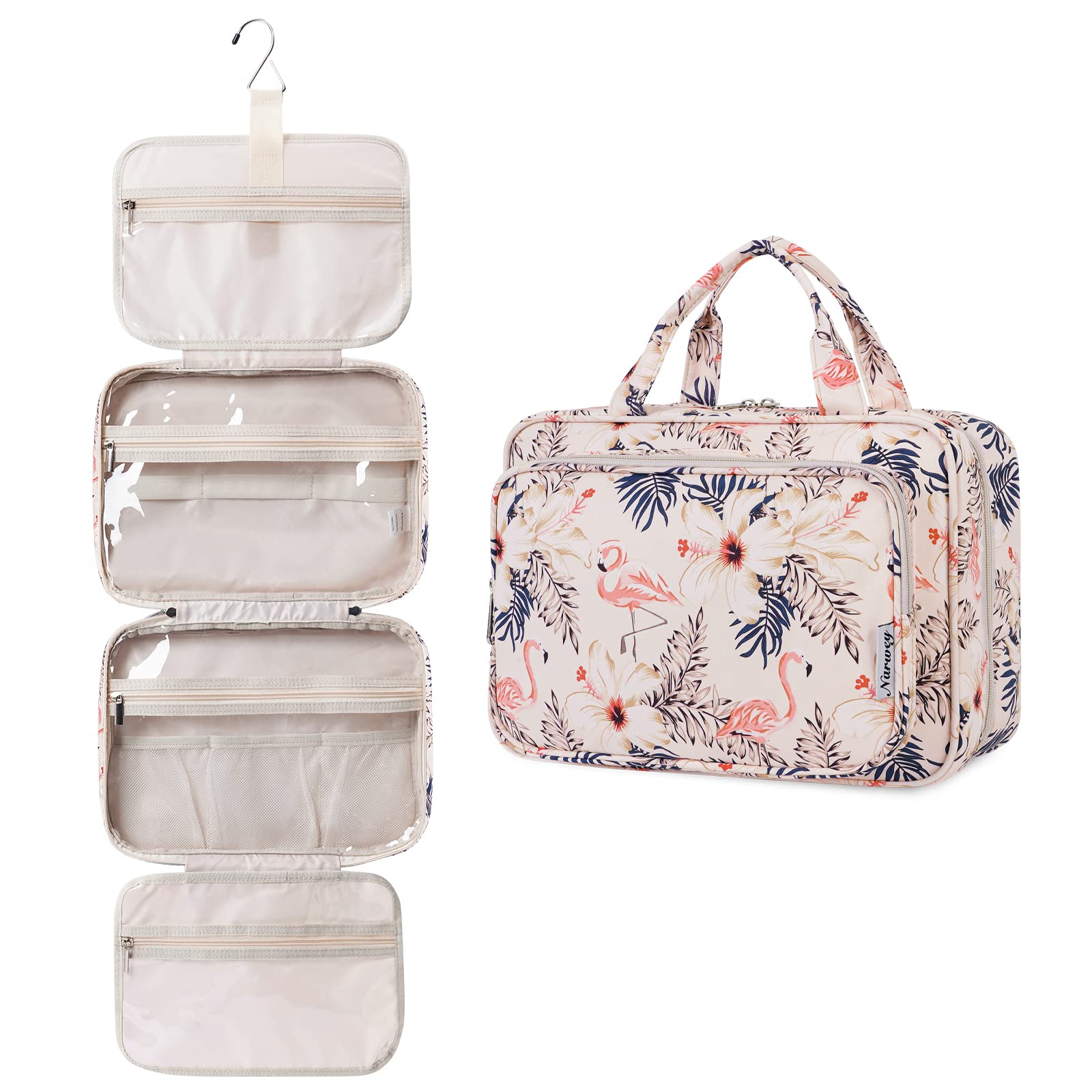 Travel Toiletry Bag for Women Large Hanging Makeup Bag Organizer Toiletries Bag for Full Size Essentials Accessories Cosmetics (Beige Bird (Large))