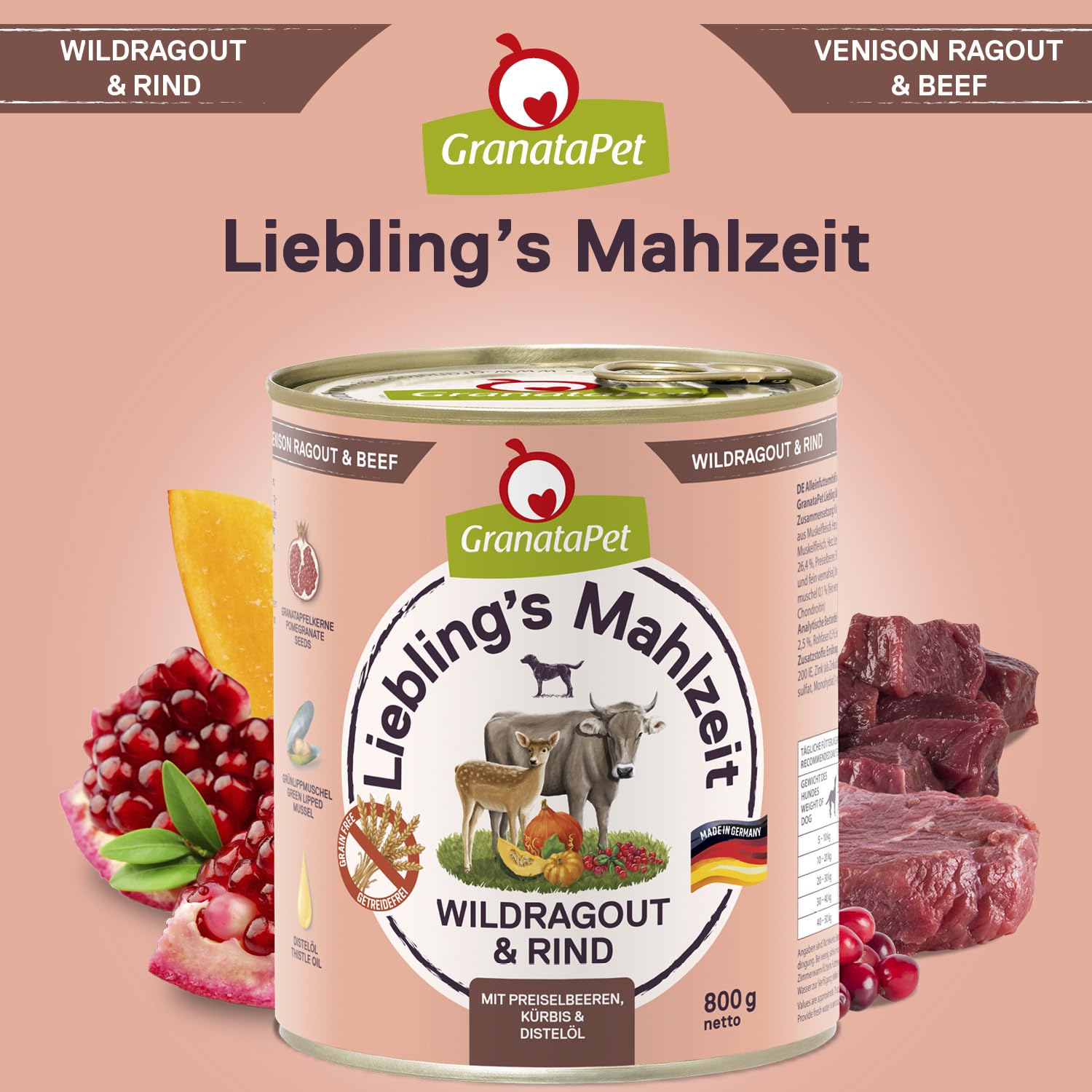 GranataPet Liebling's Mahlzeit Multipack 2, Nassfutter für Hunde im Probierpaket, Alleinfuttermittel ohne Getreide, Hundefutter mit hohem Fleischanteil & hochwertigen Ölen, 6 x 800 g