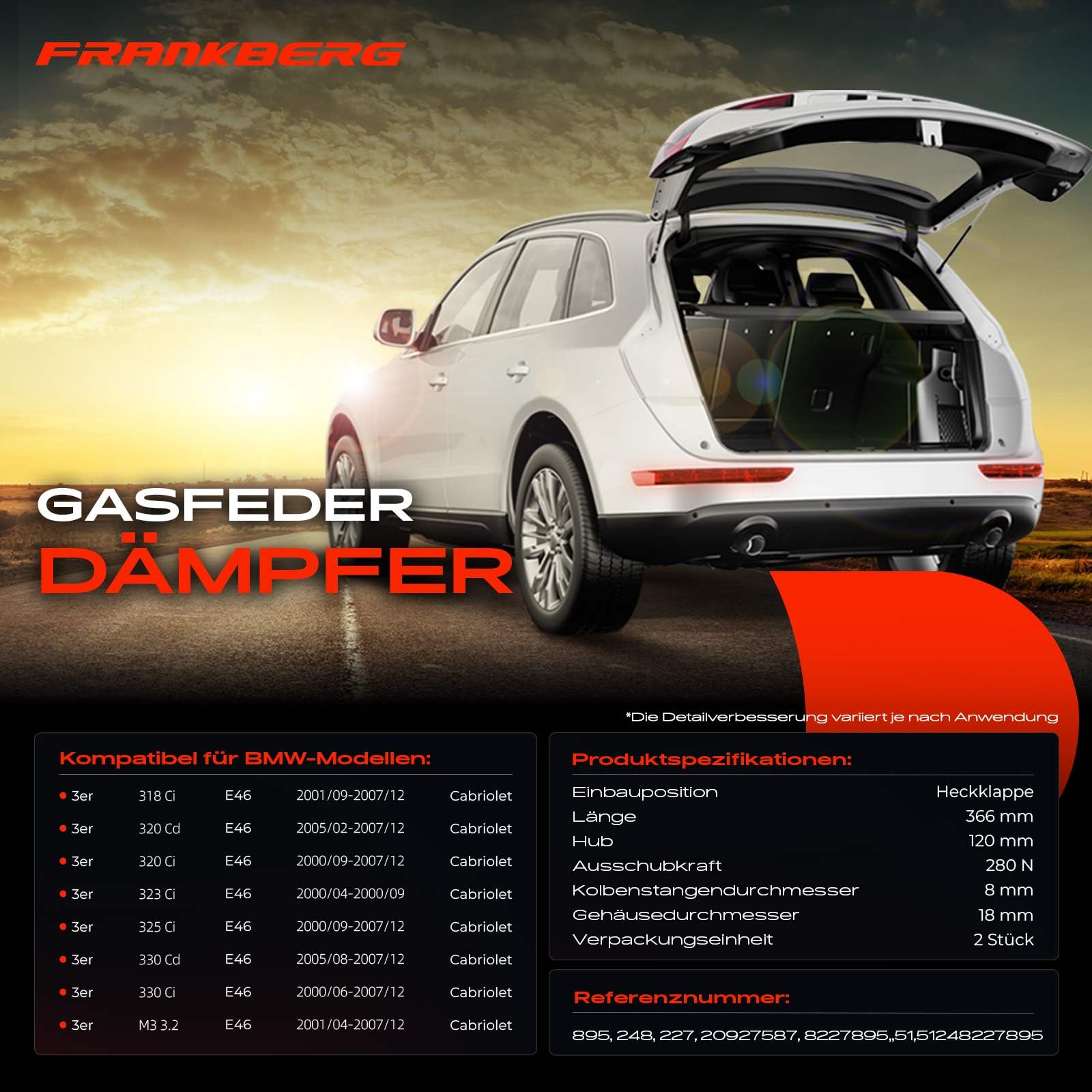 Frankberg 2x Ammortizzatore a molla a gas per portellone posteriore | Compatibile con: Serie 3 Cabrio E46