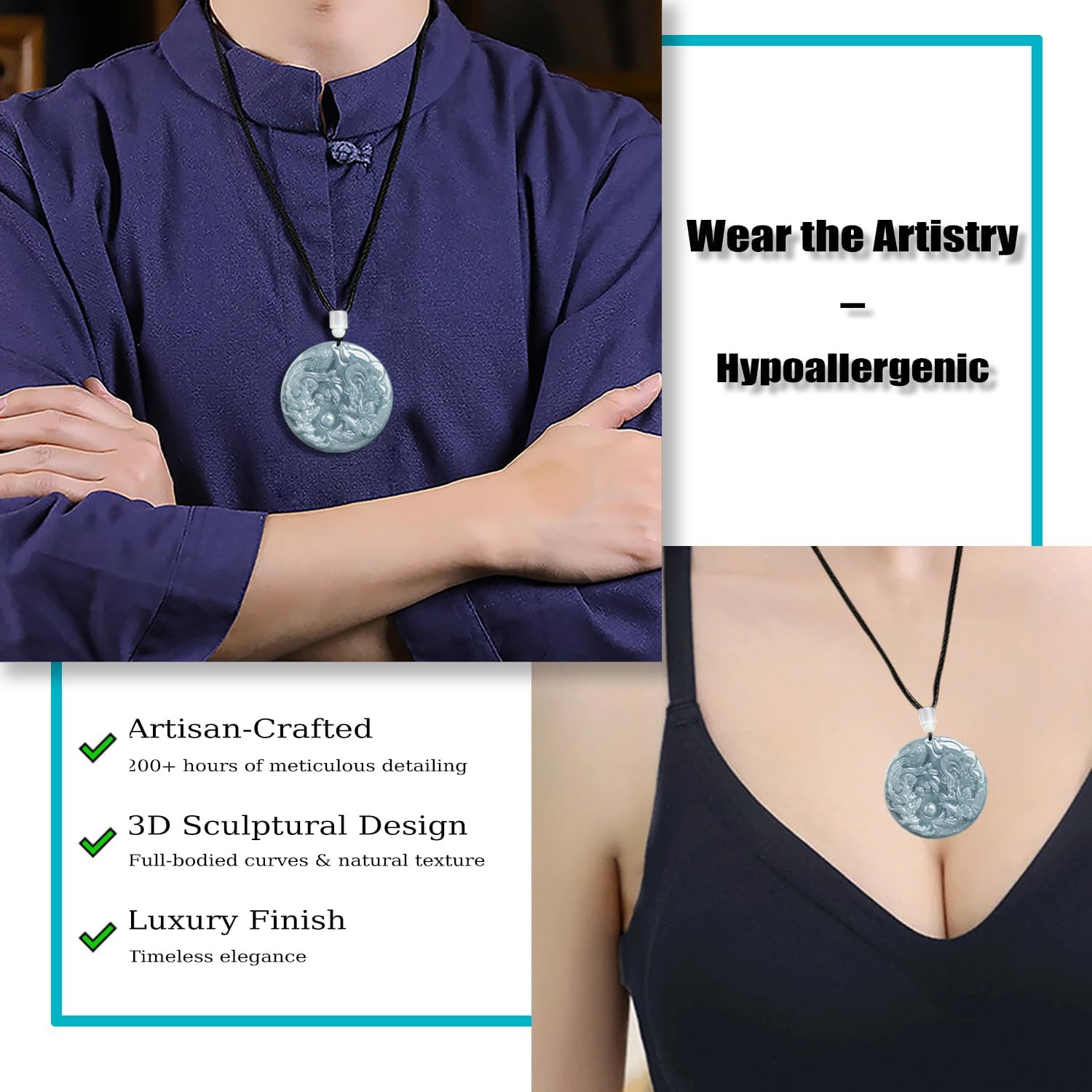 Natural Jadeite Dragon and Phoenix Jade Pendant Necklace, Grade A Jade Hand Carved Dragon Phoenix Auspicious Pendant, Harmony & Prosperity Charm Lucky Amulets for Men and Women - Image 3