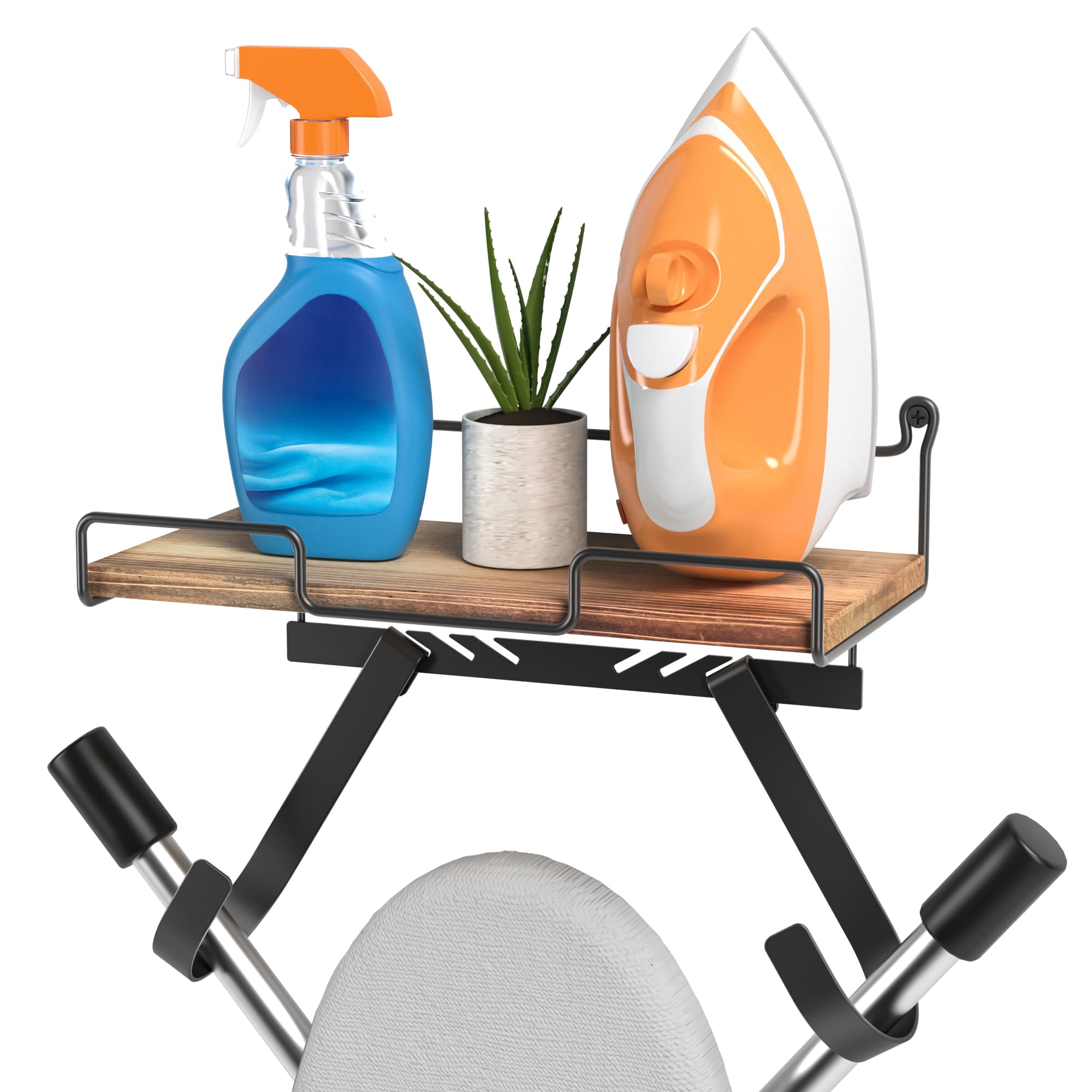 DB DORVEY BEAUTY Ironing Board Holder Wall Mount, Iron Ironing Board Hanger Wall Mount with Shelf, Metal Wall Mounted Ironing Board with Large Storage Wooden Base Basket for T,Y Leg, on Laundry Room