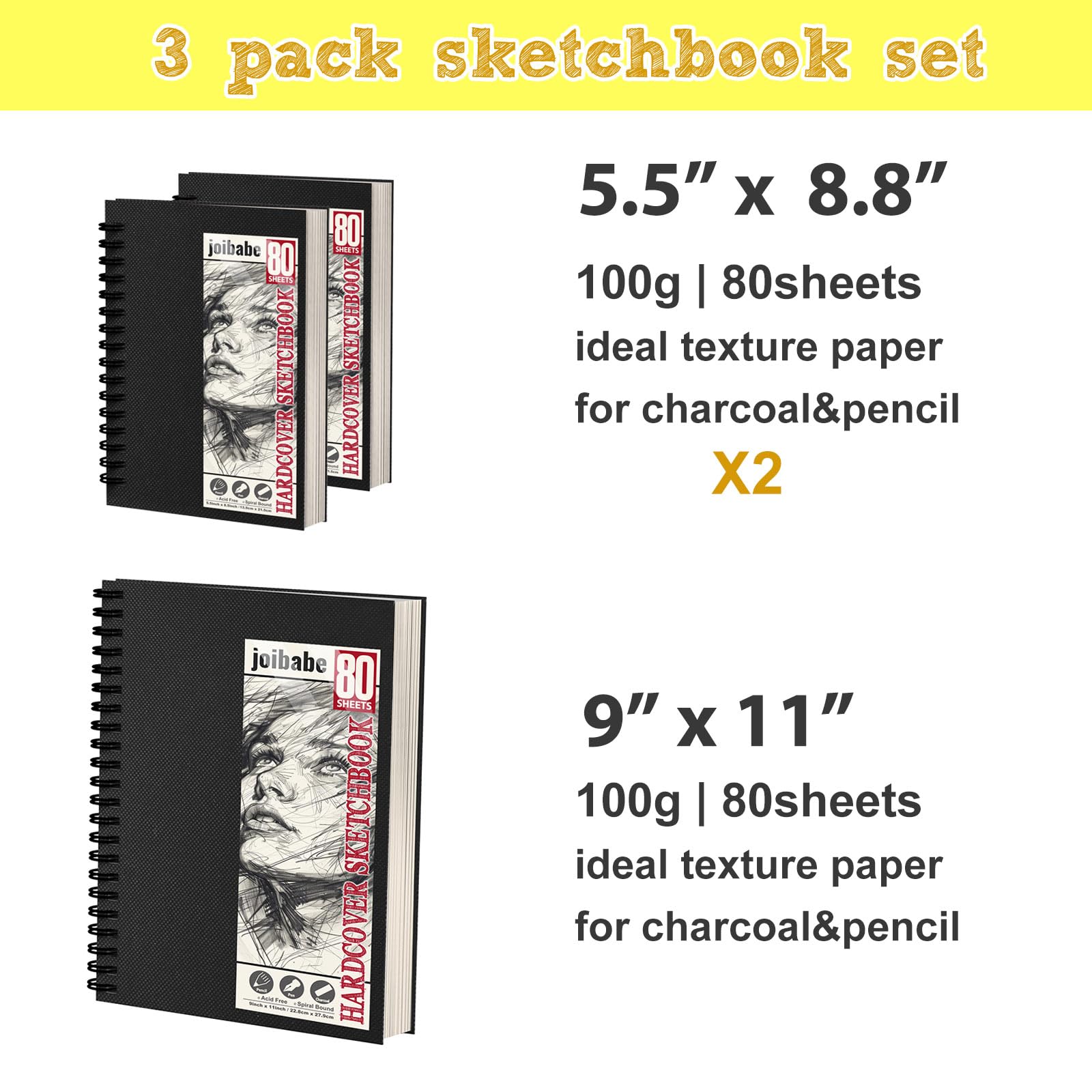 3 Pack Sketchbooks A4 A5, 100gsm Hardcover Spiral Bound Drawing Pad, 240 Sheets/480 Pages Drawing Paper - Image 2
