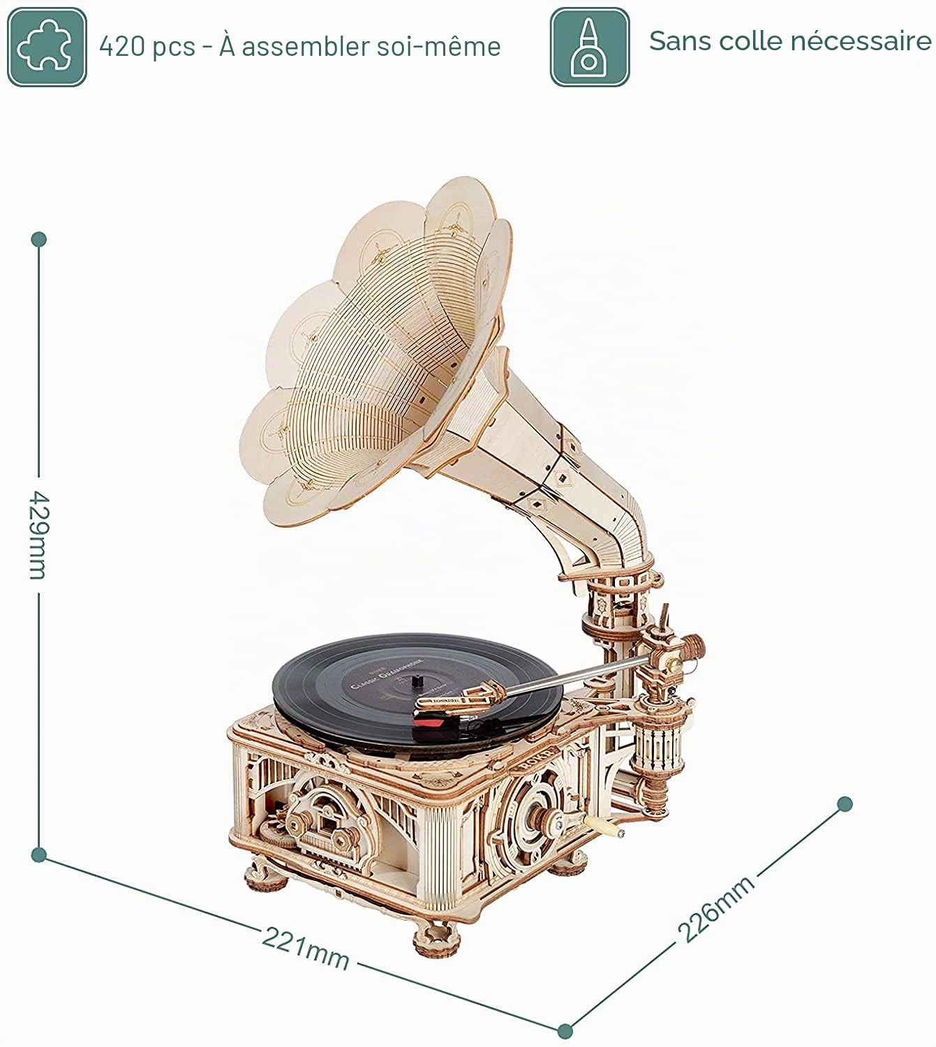 ROKR Puzzle 3D Maquette en Bois a Construire pour Adulte Enfants Maquette Gramophone Classique Kits de Modèles de Bricolage Construction Jouet, Modes Automatique et Manuel LKB01D