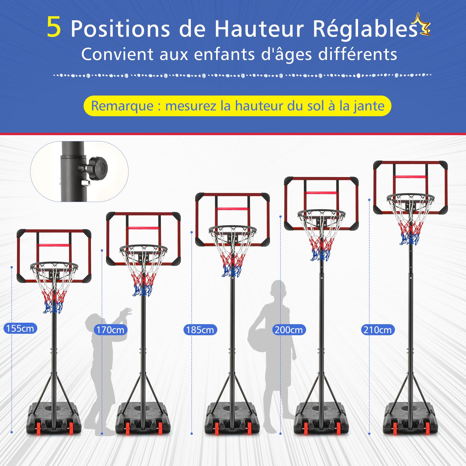 GYMAX Panier Basket Extérieur pour Enfant, Hauteur Réglable 155-210 CM, Base Stable Remplissable, Déplacement Facile avec Roues Lisses