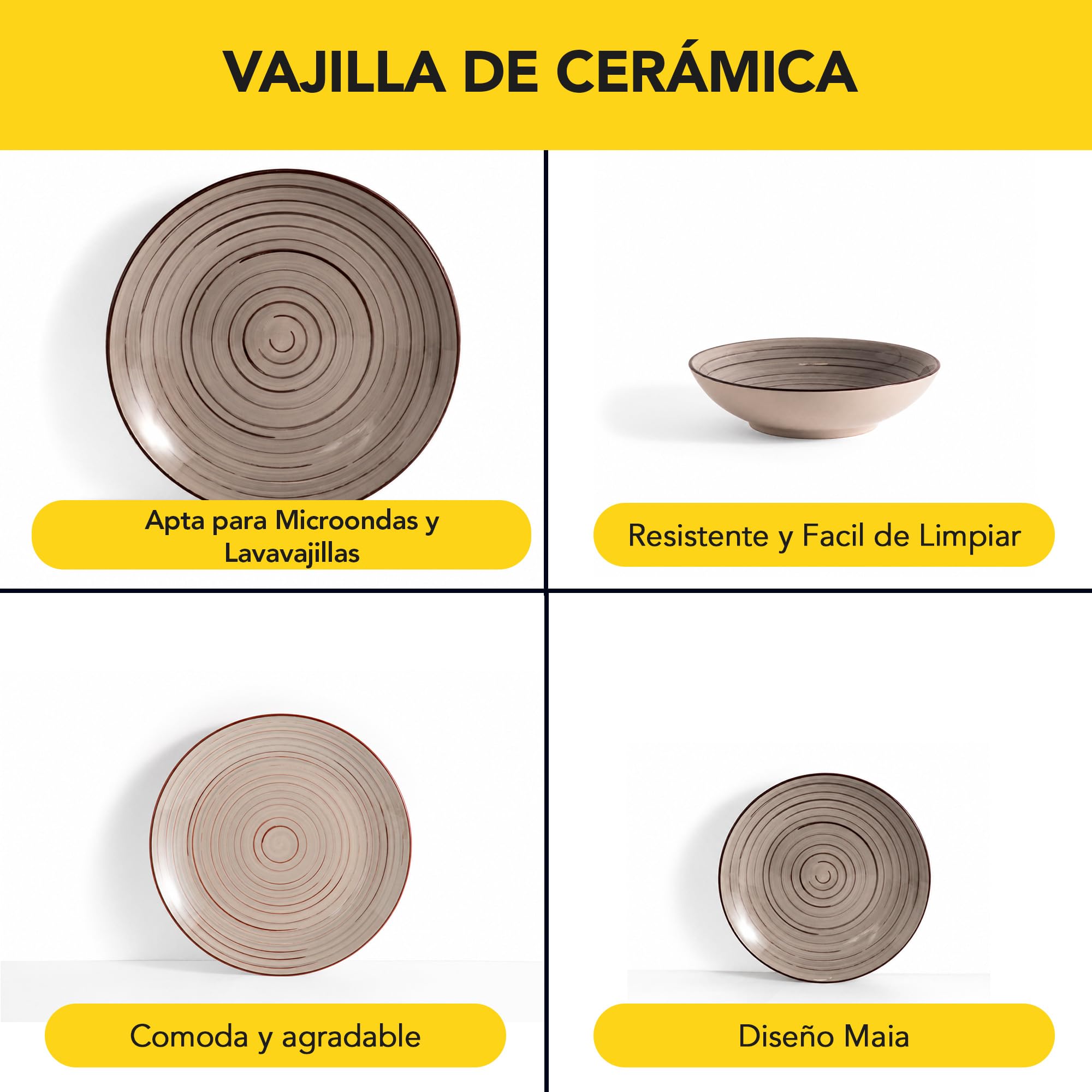 CASTEY - Vajilla Maia Terra de 12 Piezas para 4 Personas, Loza Cerámica Resistente, Incluye 4 Platos Llanos, 4 Platos Hondos y 4 Platos de Postre, Apta para Microondas y Lavavajillas, Fácil Limpieza