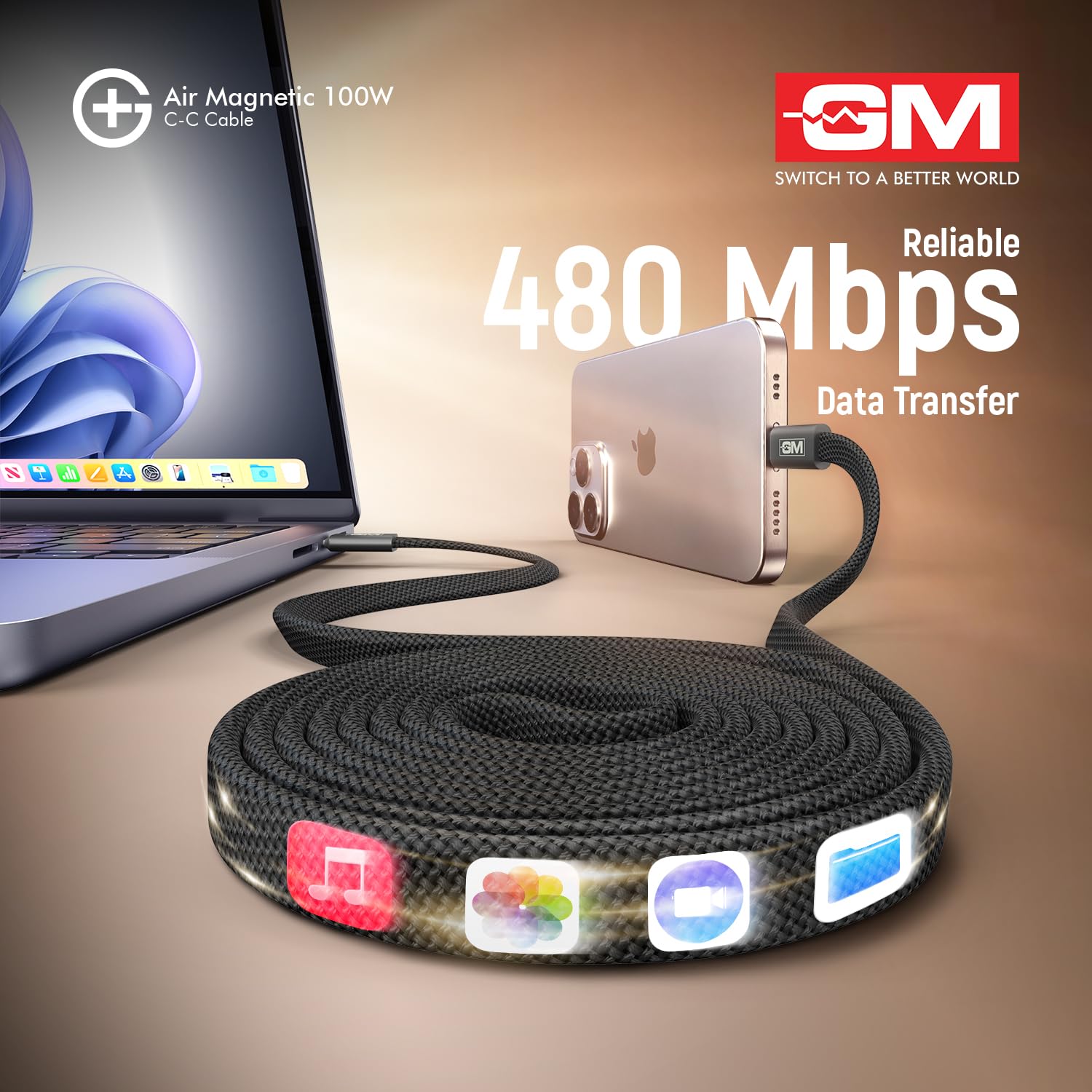 GM G+ Air Magnetic 100W Type-C-C Fast Charging Cable|Ultra-Slim 4.5mm Flat Design|Magnetic Auto-Wrap| 20,000 bend cycles tested|480Mbps Data Speed| Compatible with Laptop, Tablet & Smartphone |120cm — Amazon image 5