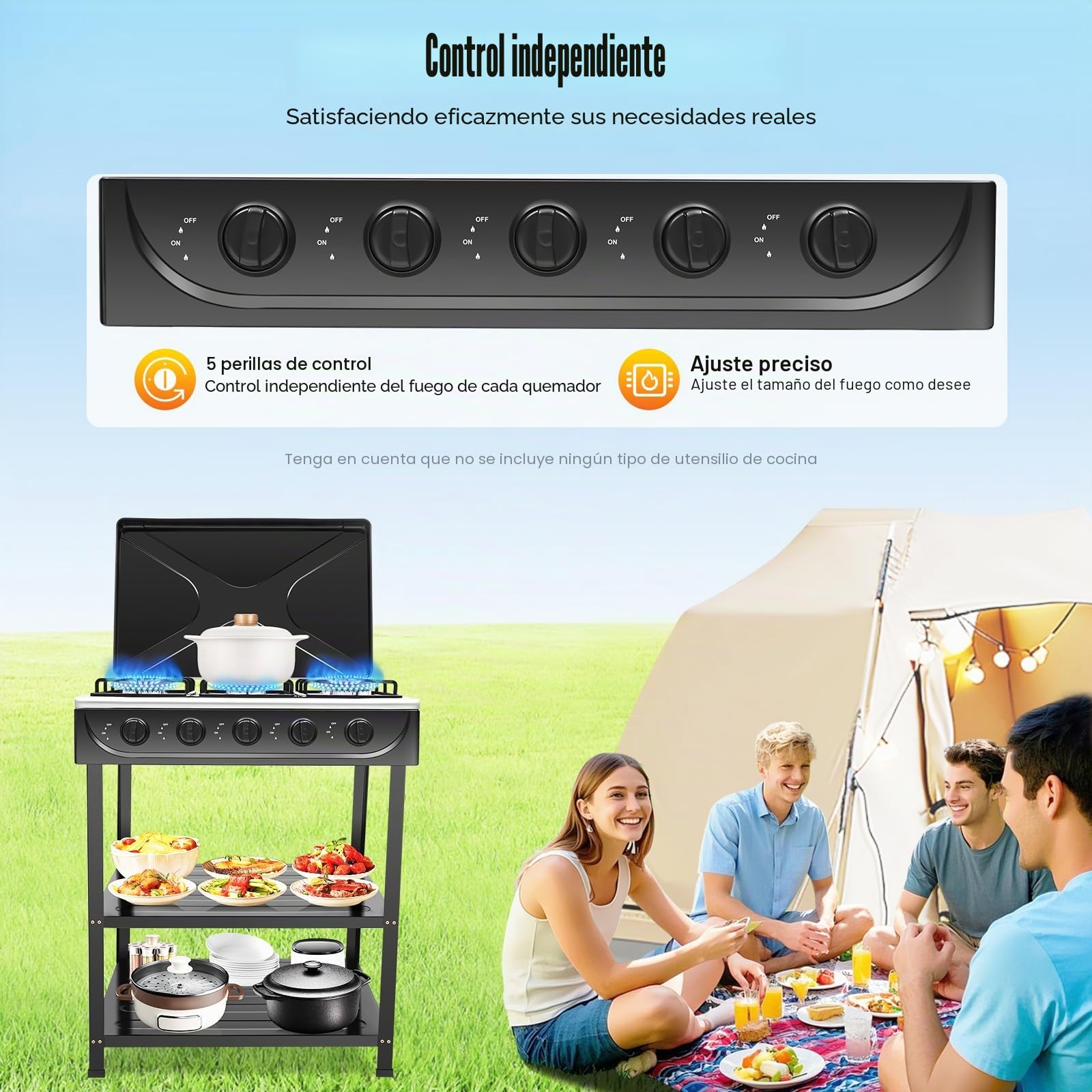 Cocina de gas natural con 5 fuegos para camping con 2 estantes, con 2 estantes, placa de gas, control independiente, para actividades al aire libre