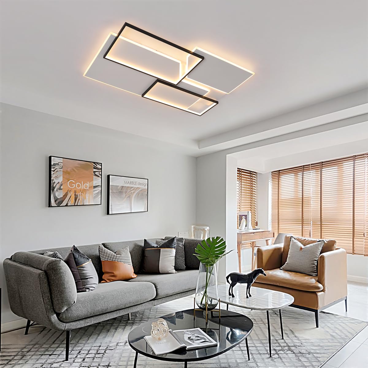 Lámpara de Techo LED 110CM, 80W 9000LM Plafón LED Regulable con Mando a Distancia, 3000K-6000K, Geometría Diseño Luz de Techo Moderna para Dormitorio, Sala de Estudio, Comedor, Negro y Blanco