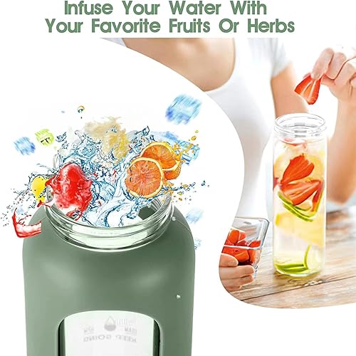 Miniatura 3 de Botellas de agua de vidrio de 32 onzas con pajilla, botella de agua de vidrio motivacional con marcador de tiempo y funda de silicona (gris)