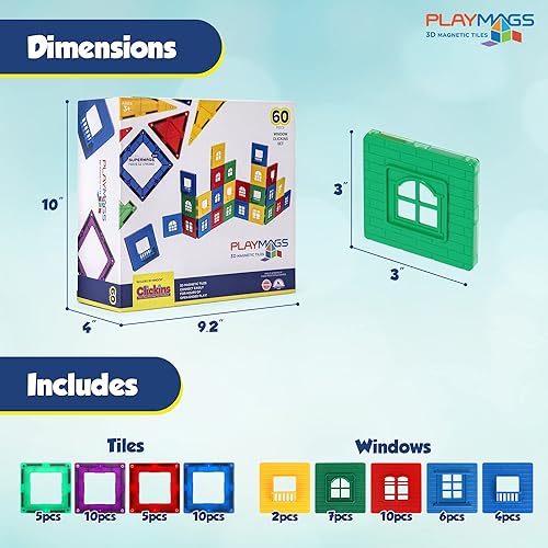 Miniatura 2 de Playmags Exclusivo Juego de 60 piezas - Juego de azulejos magnéticos 3D, 30 marcos de ventana y 30 ventanas de clic, azulejos de construcción de