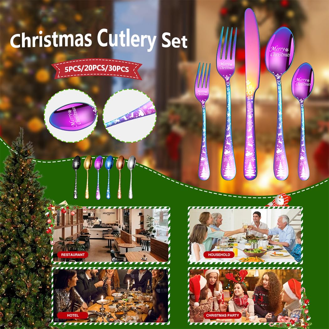XIAOYU Weihnachtsbesteckset, 30-teilig, bestehend aus 12 x Gabeln, 12 x Löffeln, 6 x Messern, Edelstahl-Besteckset, einzigartiges dekoratives Besteckset mit Weihnachtsbaummuster, Roségold