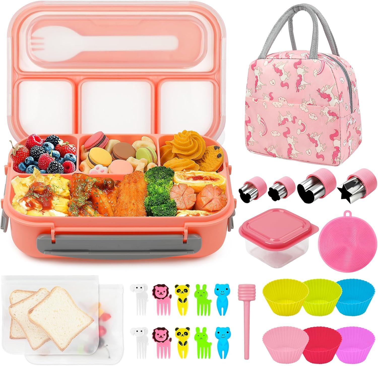 27Pcs Bento Box Lunch Box Kit, 1300ML Lunch Container for Kids/Adults, Leak-proof Box 4 Compartments with Utensils Spoon Fork Bag Accessories, Microwave Dishwasher Freezer Safe,BPA-Free