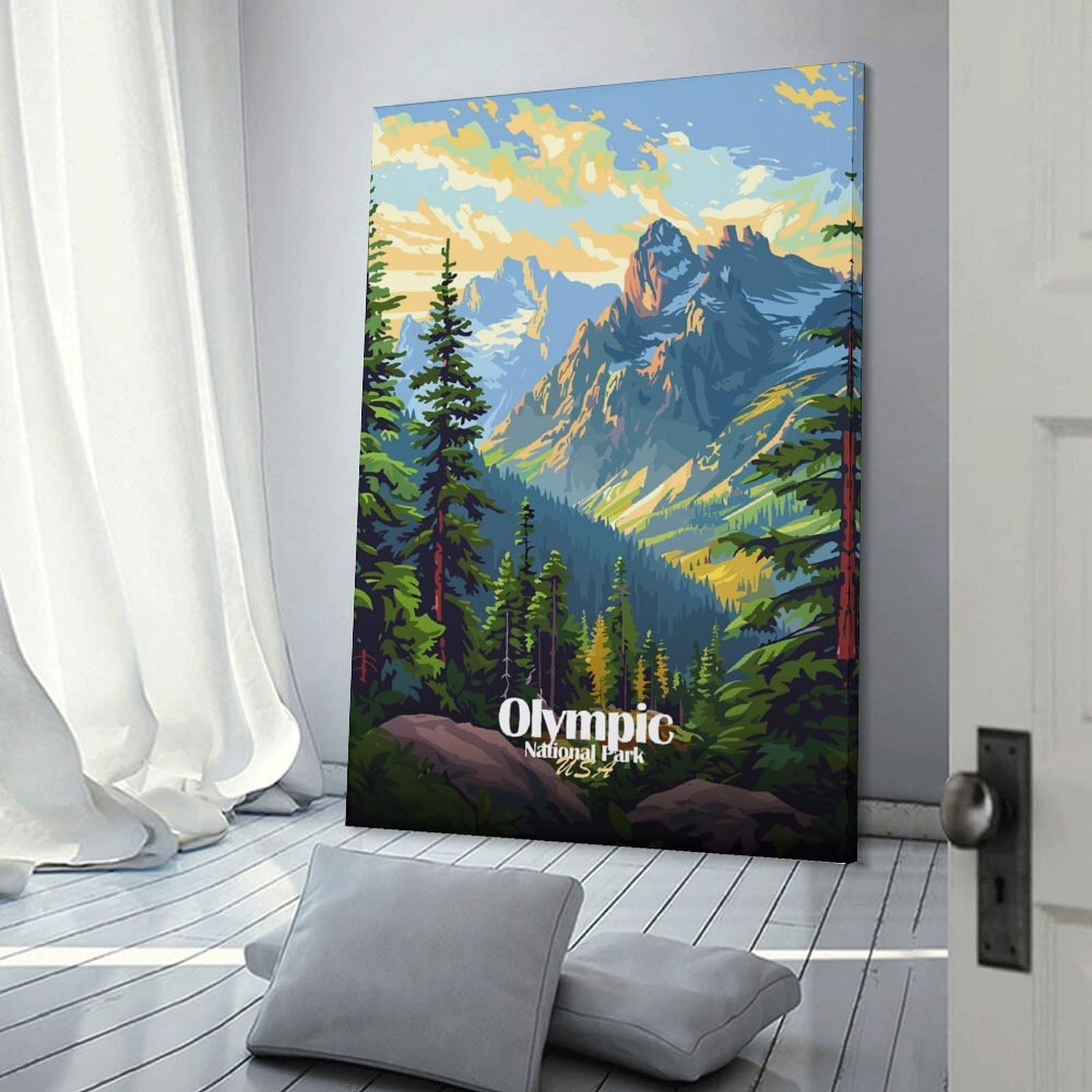 Junmoney Canvas Wall Decor Olympic National Park Illustration, 08x12inch(20x30cm), for Bedroom Decor, Cosy Corners Or Studios, Decorative Wall Art for Cosy Rooms